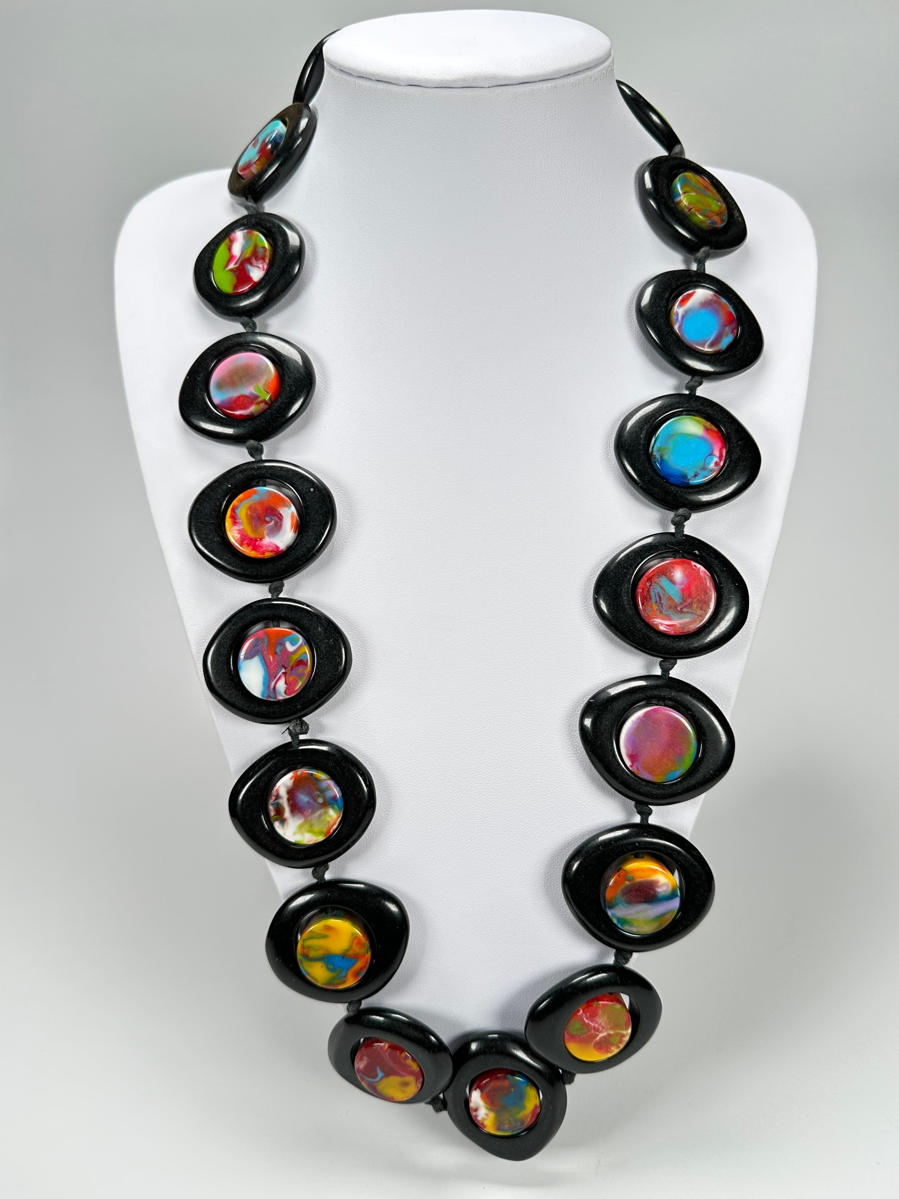 Jackie Brazil "Saturn" Black & Kandinsky Disk and Cylinder Long 75cm Necklace ( N0065 )
