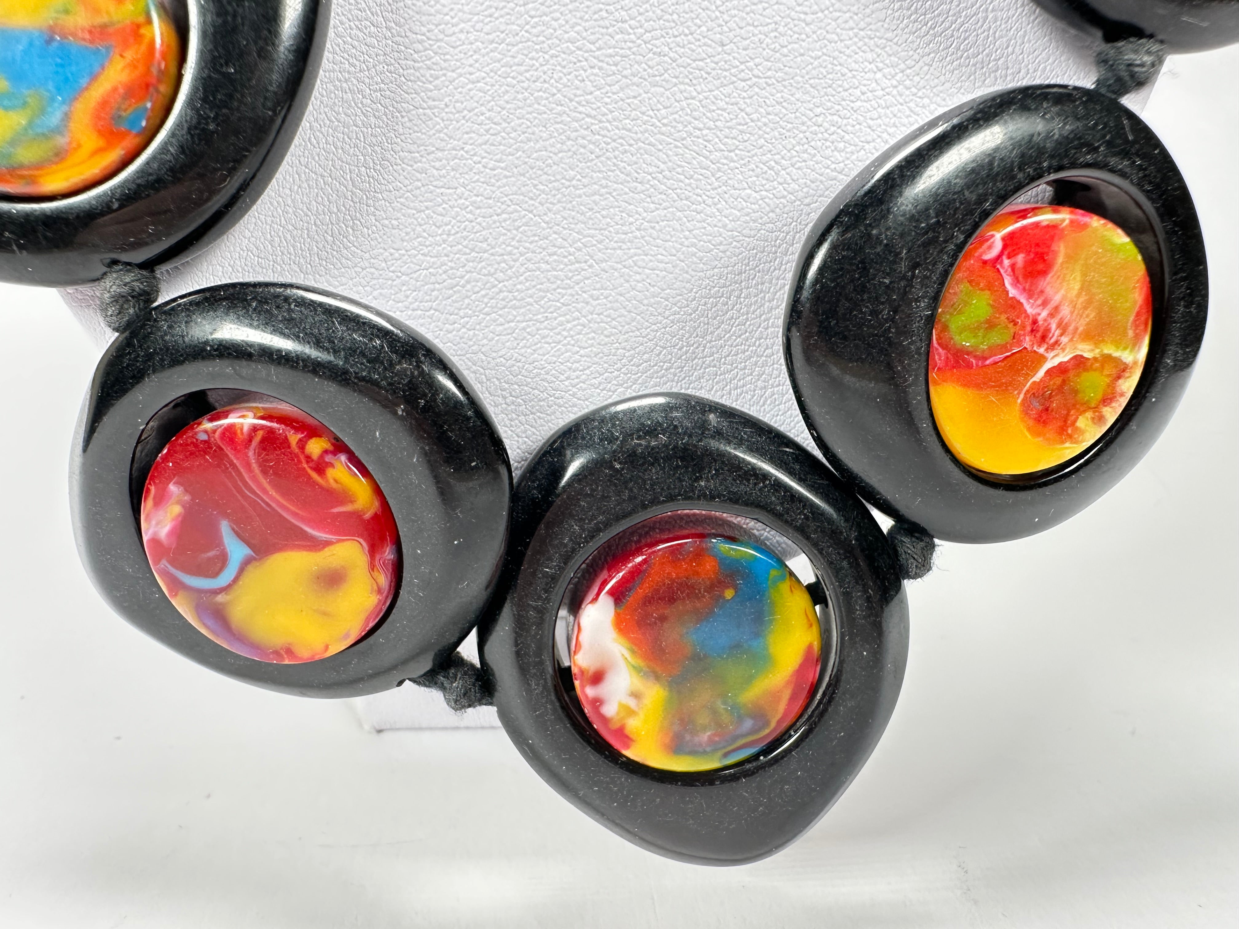 Jackie Brazil "Saturn" Black & Kandinsky Disk and Cylinder Long 75cm Necklace ( N0065 )