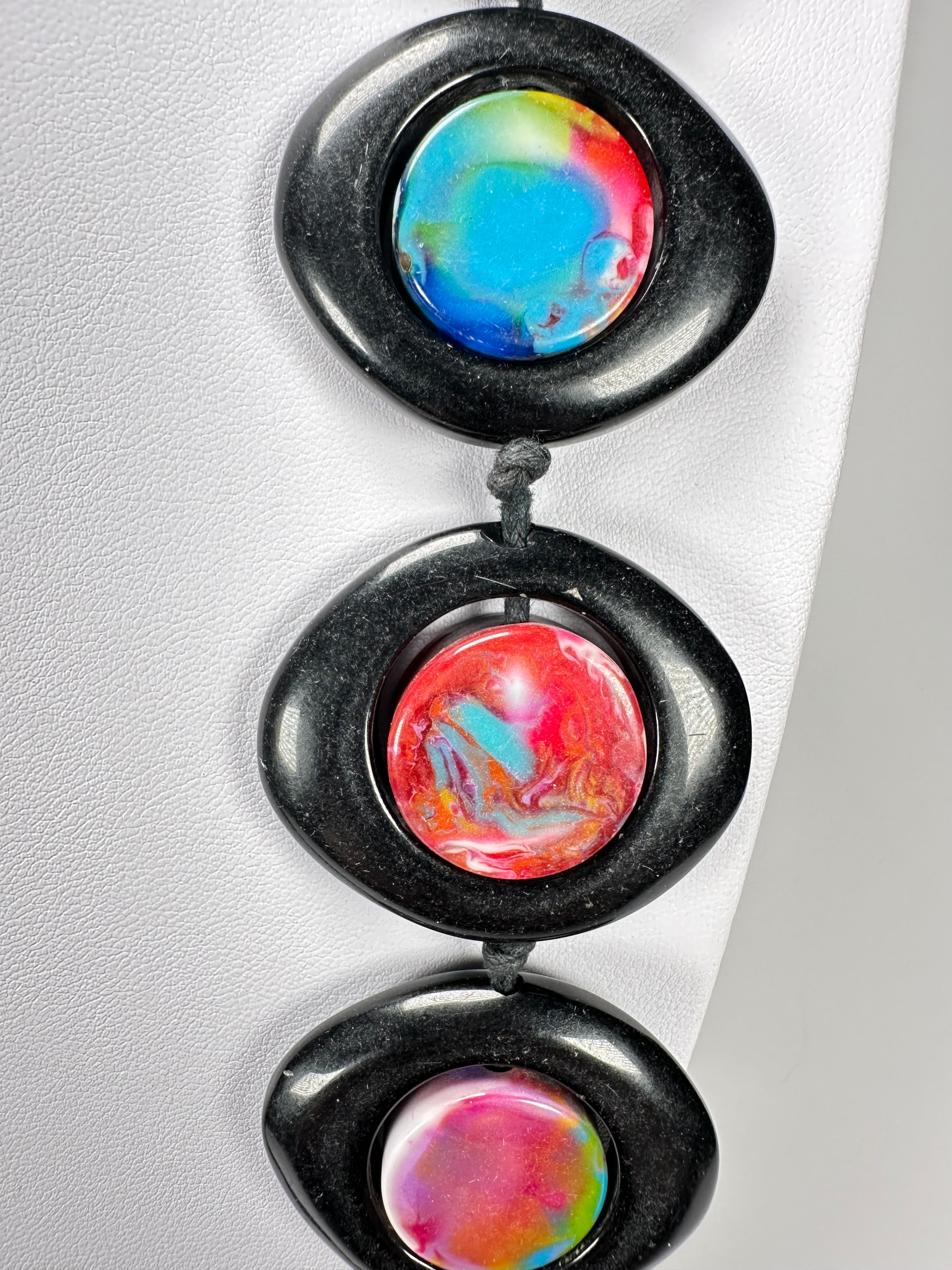 Jackie Brazil "Saturn" Black & Kandinsky Disk and Cylinder Long 75cm Necklace ( N0065 )