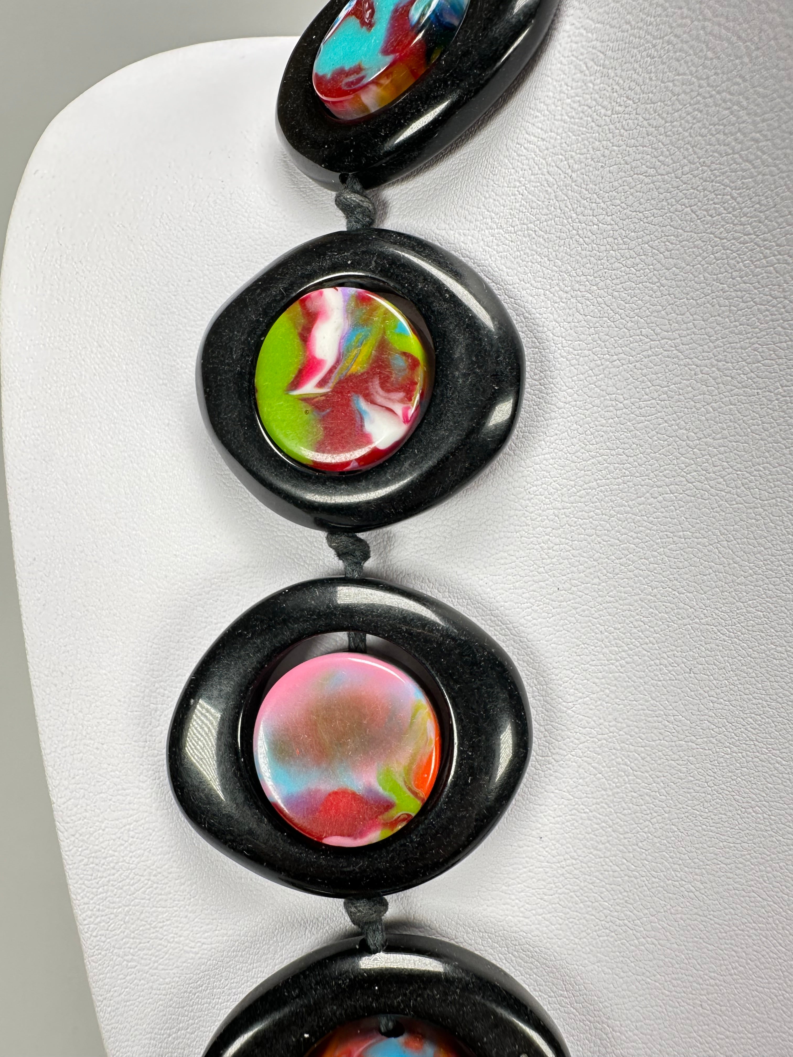 Jackie Brazil "Saturn" Black & Kandinsky Disk and Cylinder Long 75cm Necklace ( N0065 )