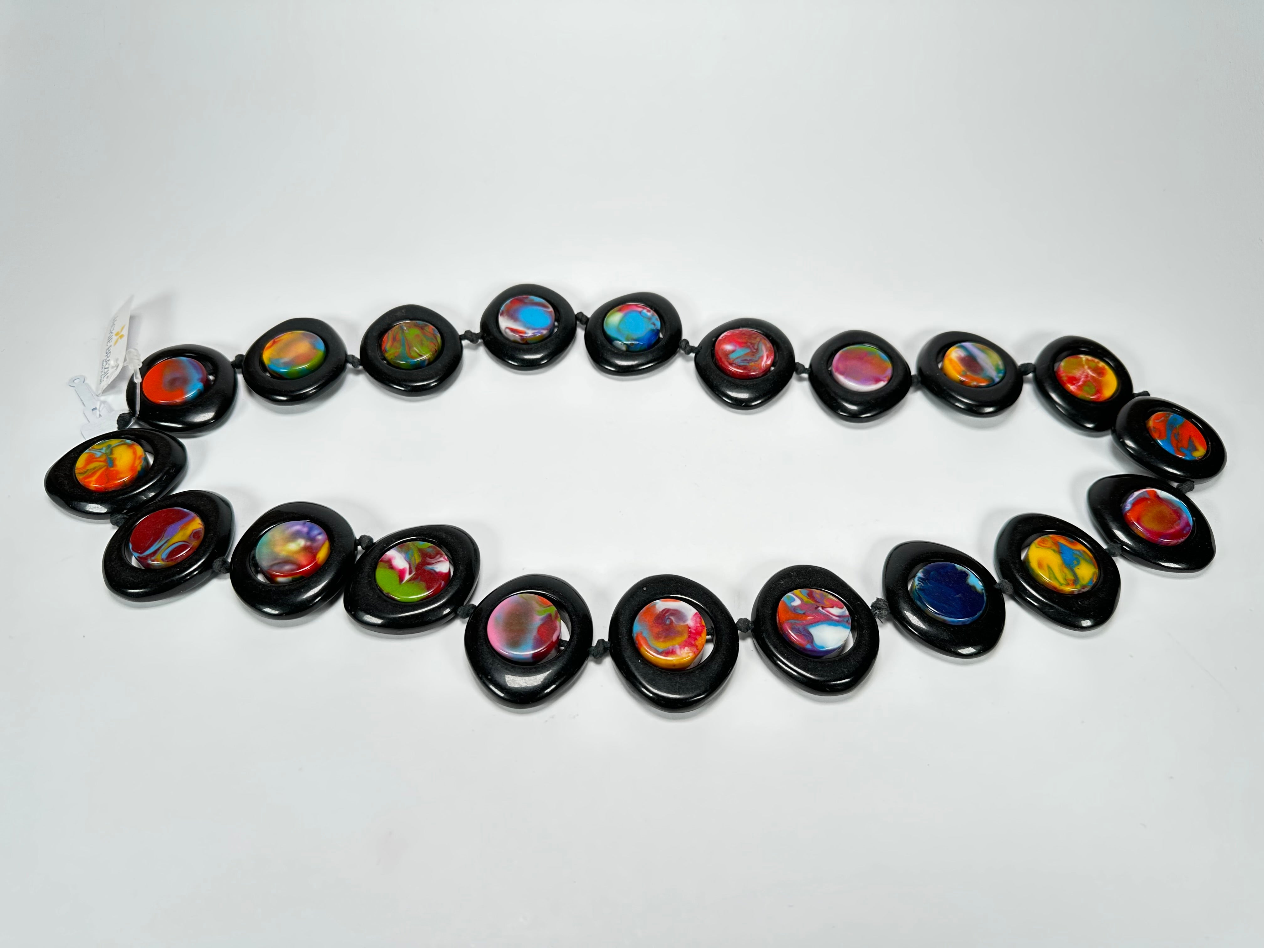 Jackie Brazil "Saturn" Black & Kandinsky Disk and Cylinder Long 75cm Necklace ( N0065 )