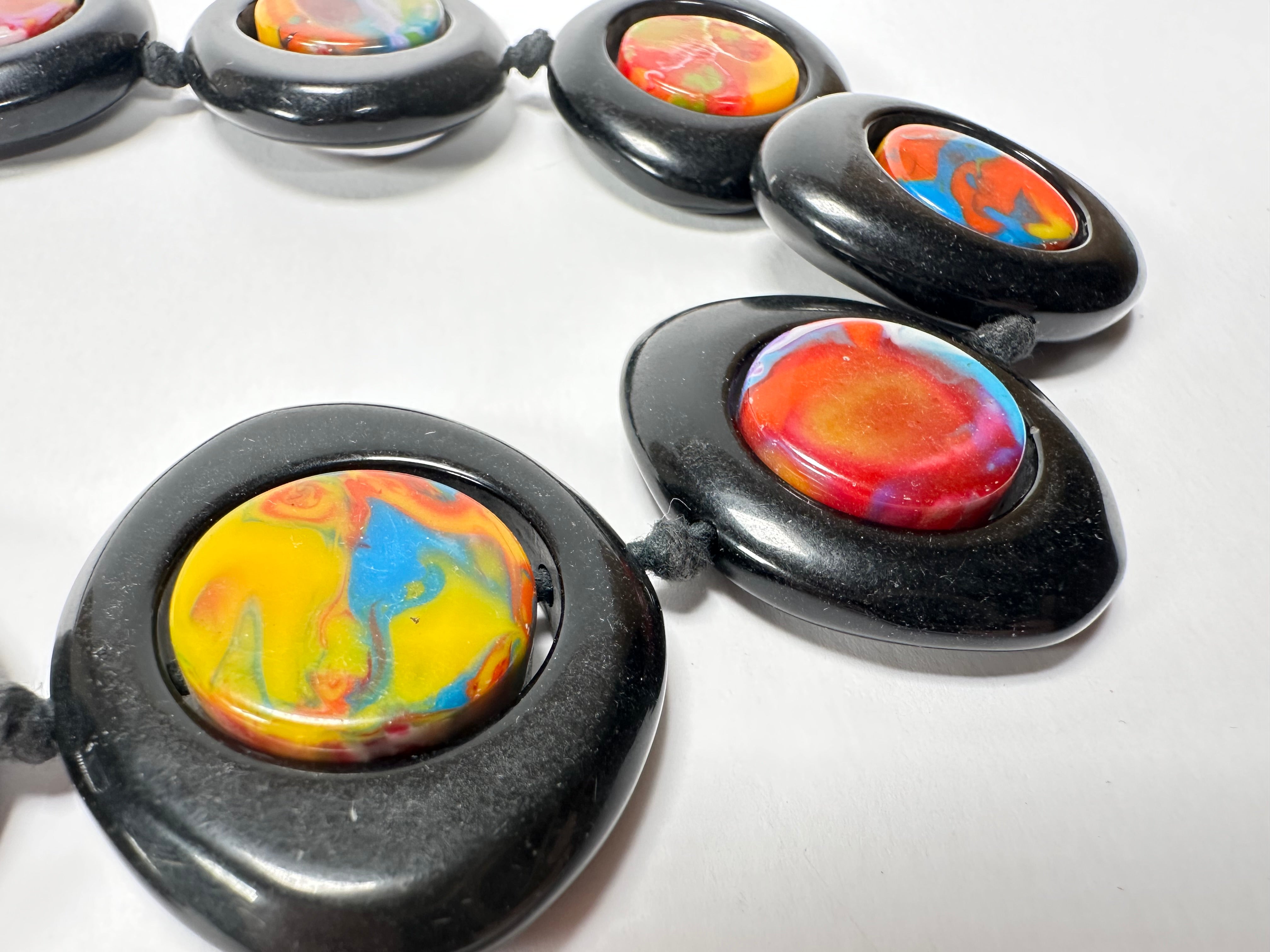 Jackie Brazil "Saturn" Black & Kandinsky Disk and Cylinder Long 75cm Necklace ( N0065 )