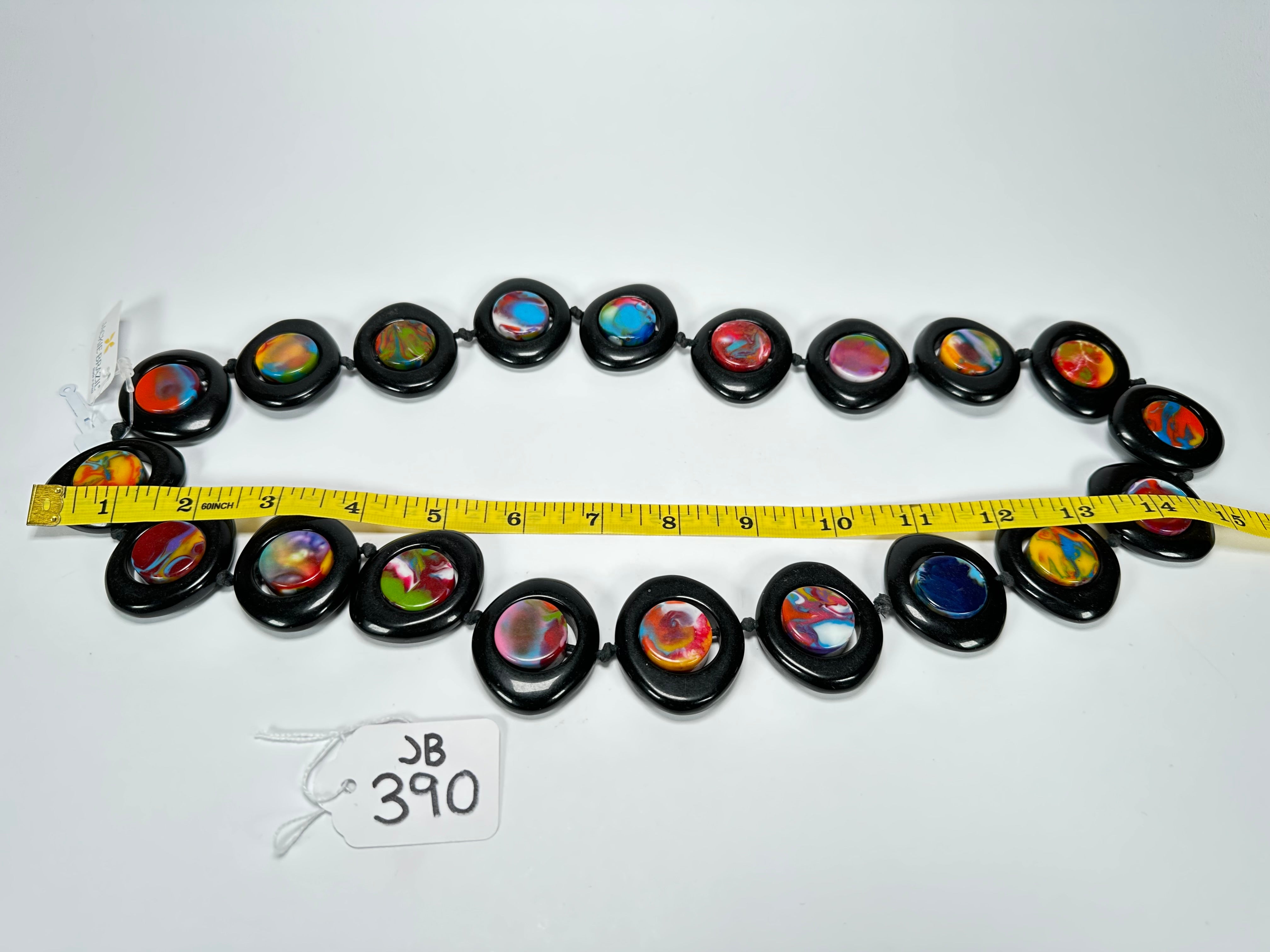 Jackie Brazil "Saturn" Black & Kandinsky Disk and Cylinder Long 75cm Necklace ( N0065 )
