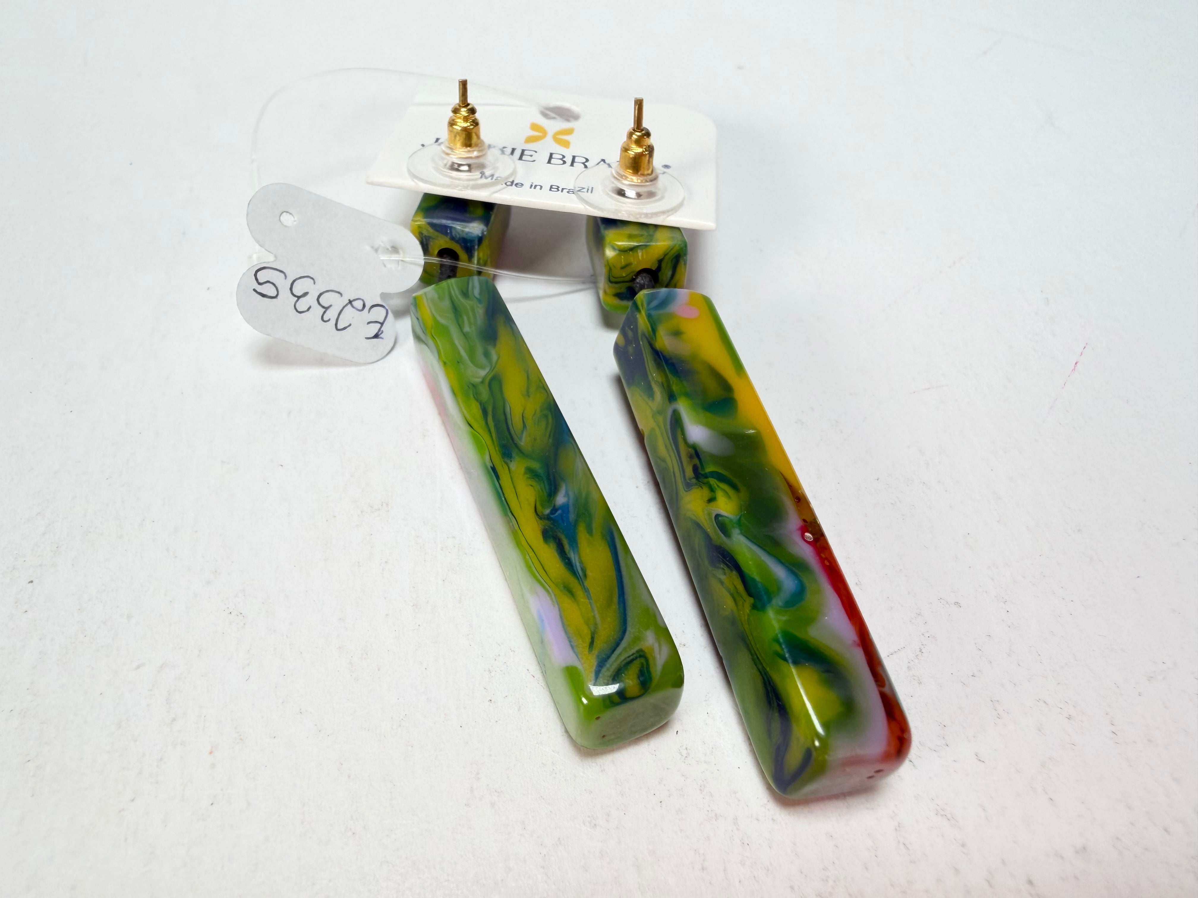 Jackie Brazil "Crown" Kandinsky Mix Thin Rectangle Resin Earrings ( E2335 )