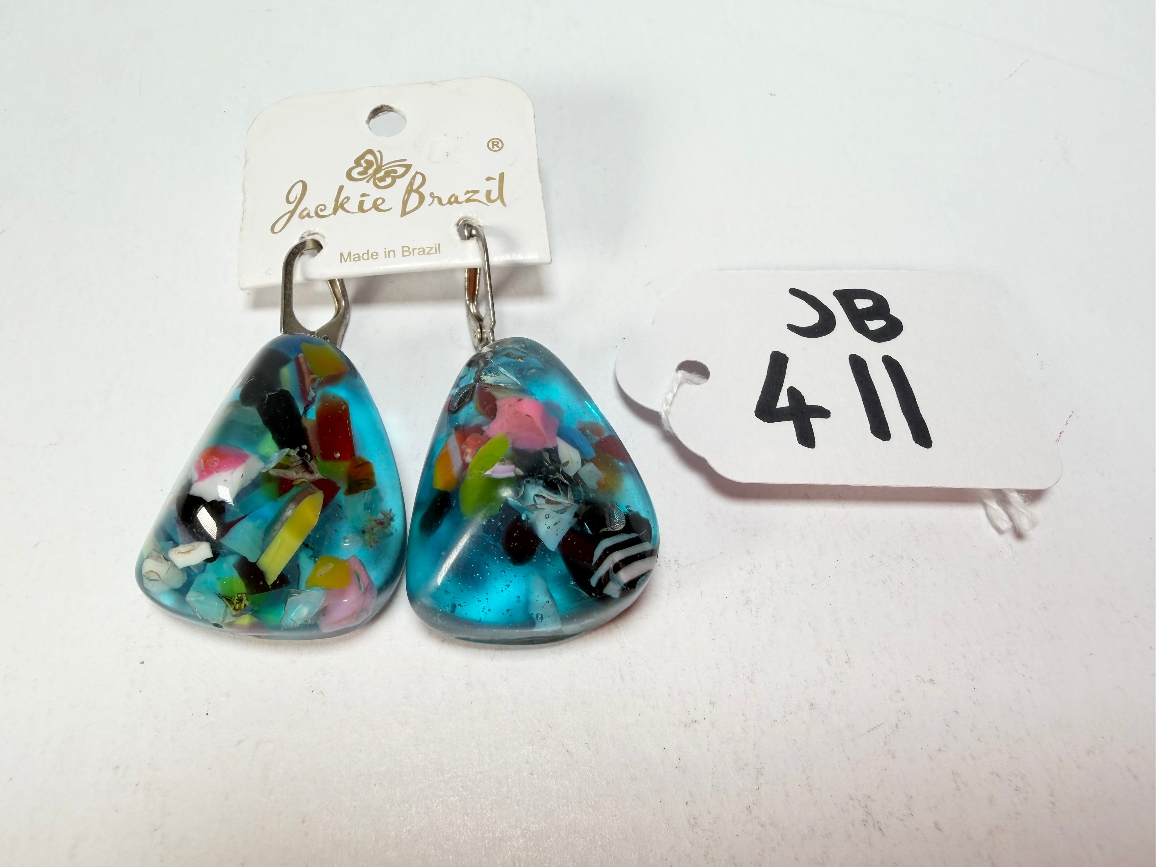 Jackie Brazil "Diamond" Light Blue Mix Flinstone on Hook Resin Earrings ( E0700 )