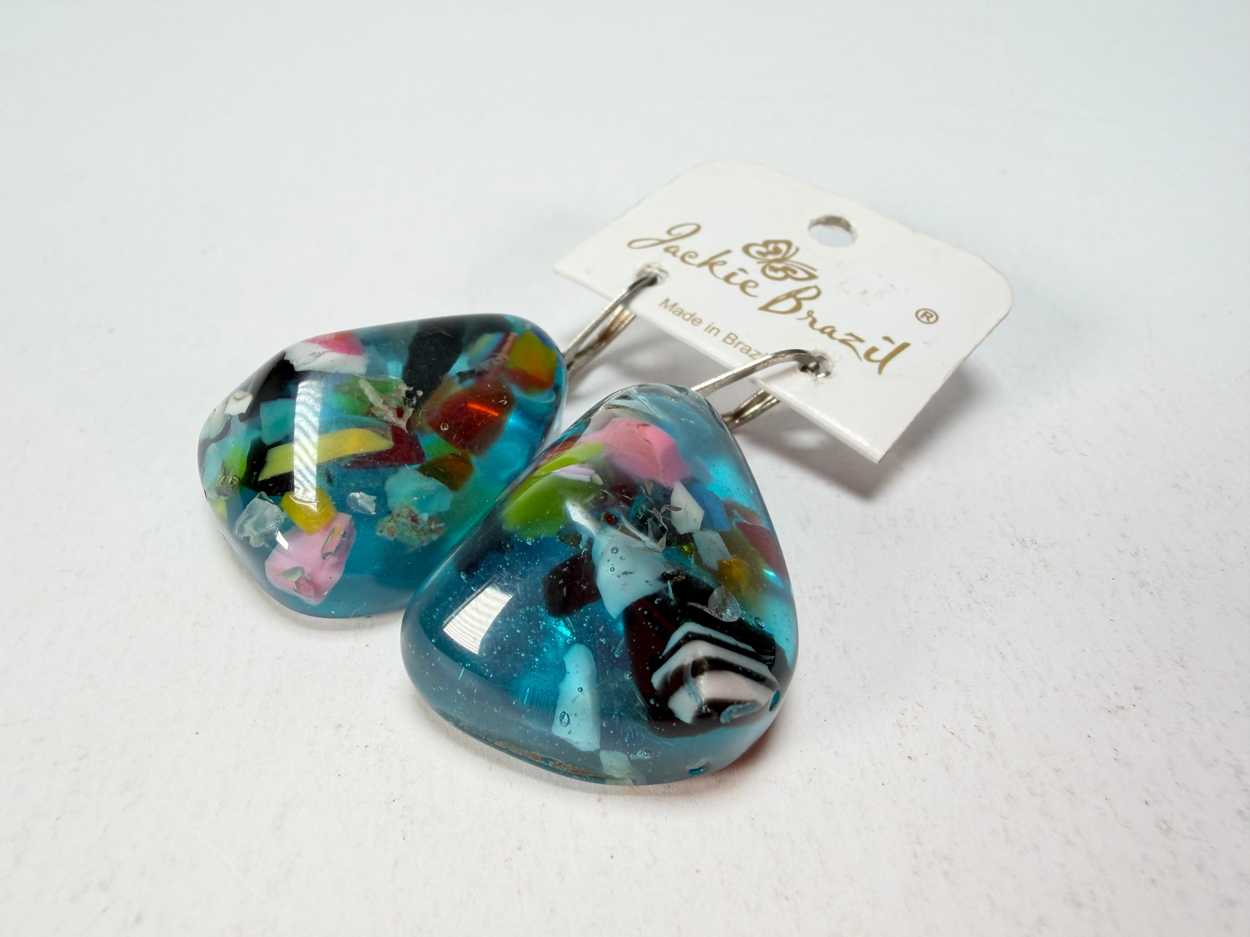 Jackie Brazil "Diamond" Light Blue Mix Flinstone on Hook Resin Earrings ( E0700 )
