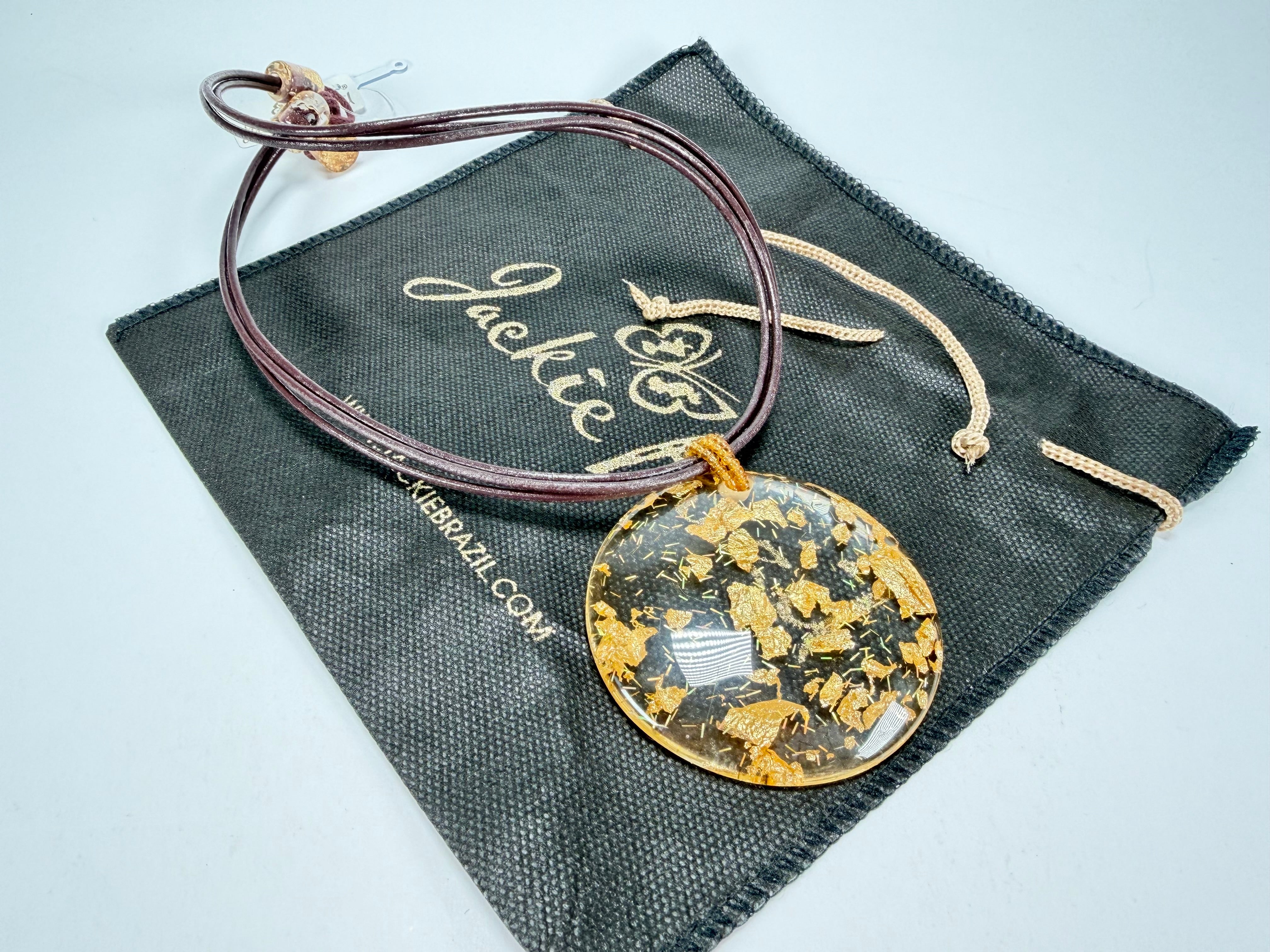 Jackie Brazil "Gold Flakes" Large Disk On Three Cords Resin Necklace ( N3800 )