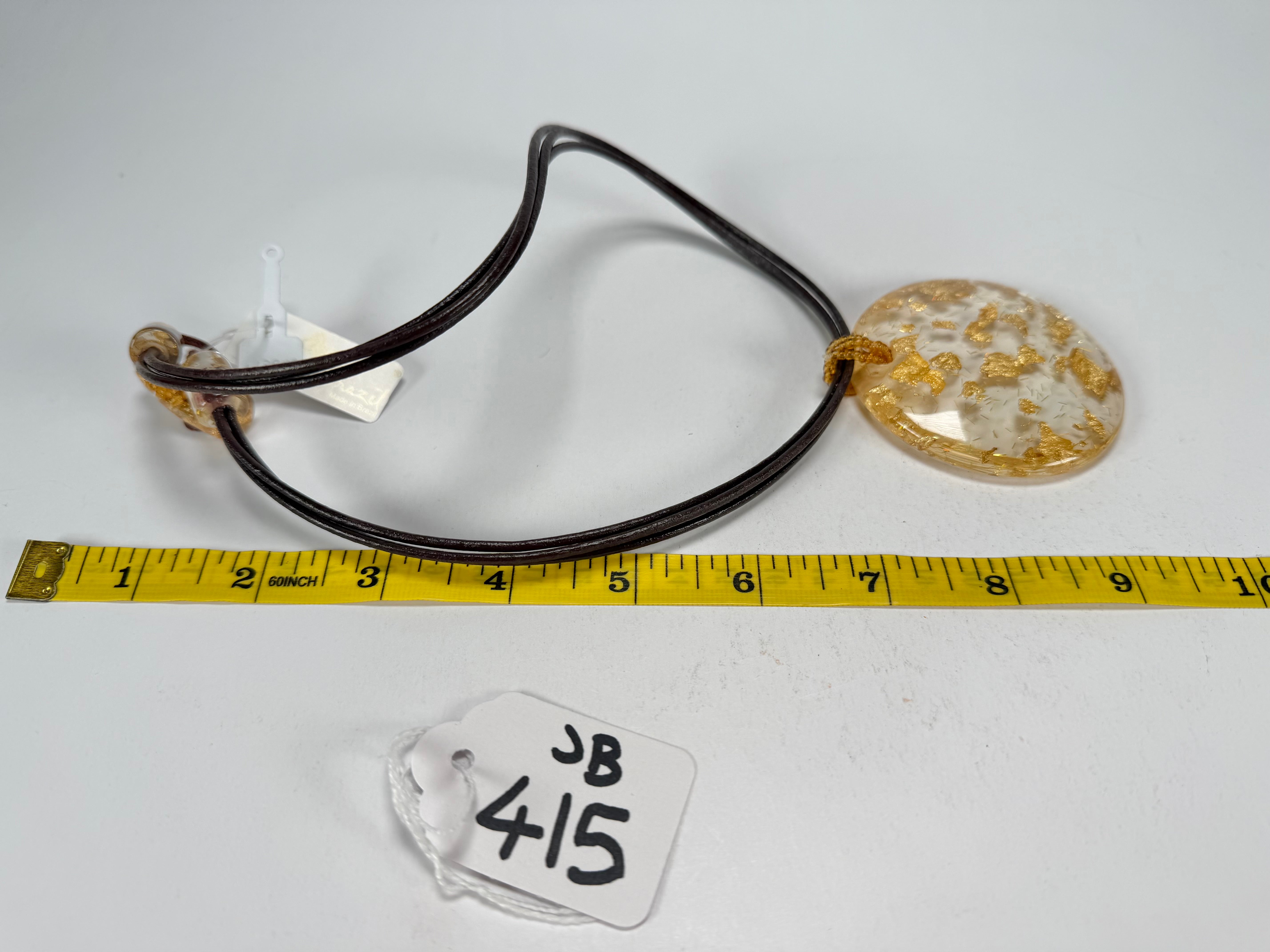 Jackie Brazil "Gold Flakes" Large Disk On Three Cords Resin Necklace ( N3800 )