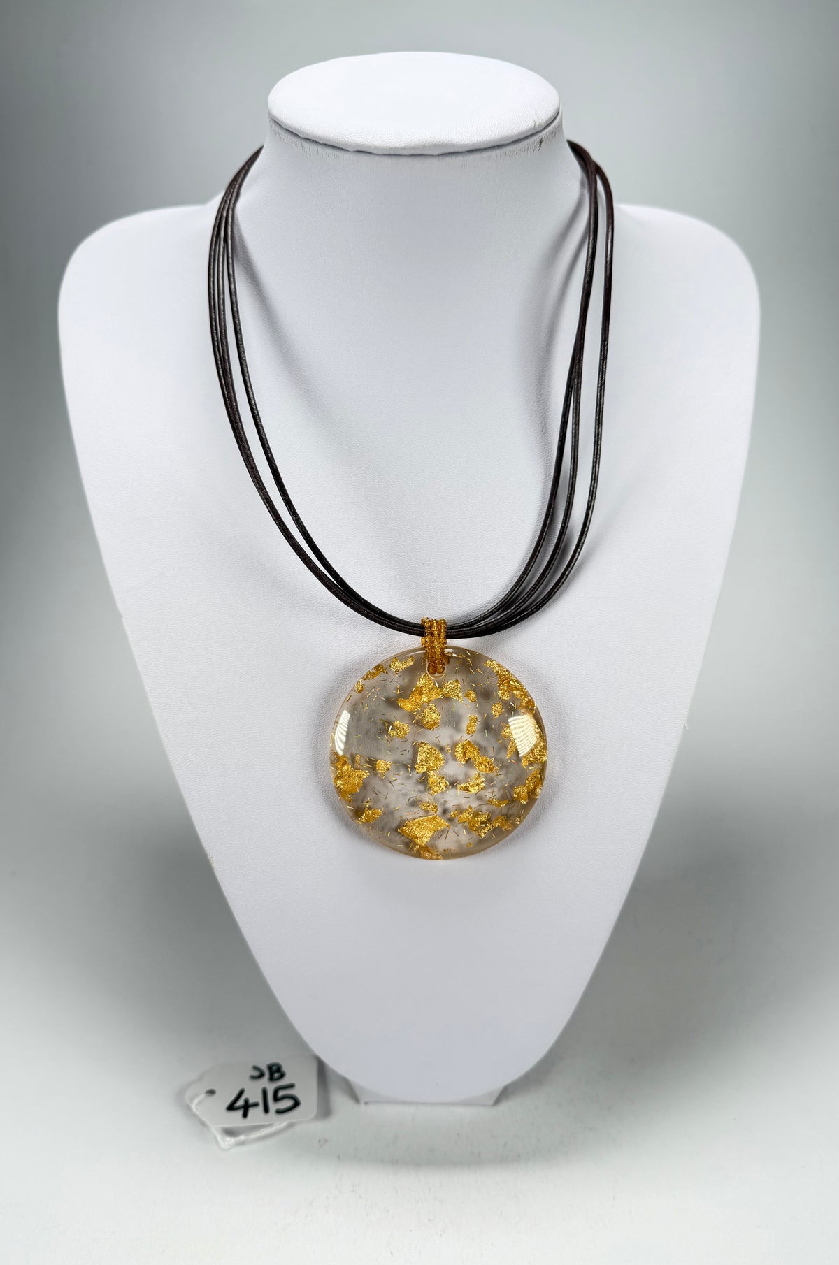 Jackie Brazil "Gold Flakes" Large Disk On Three Cords Resin Necklace ( N3800 )