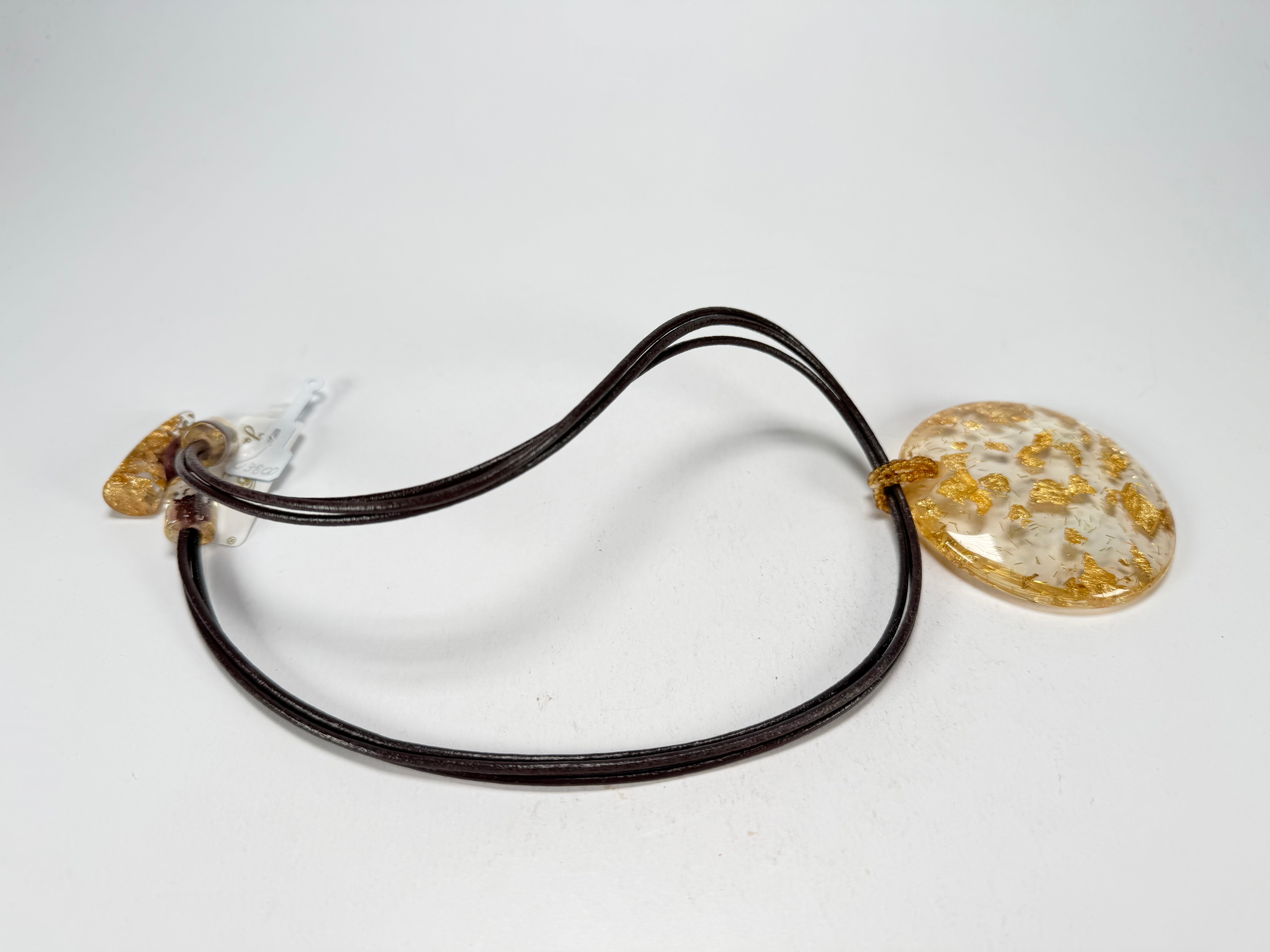 Jackie Brazil "Gold Flakes" Large Disk On Three Cords Resin Necklace ( N3800 )