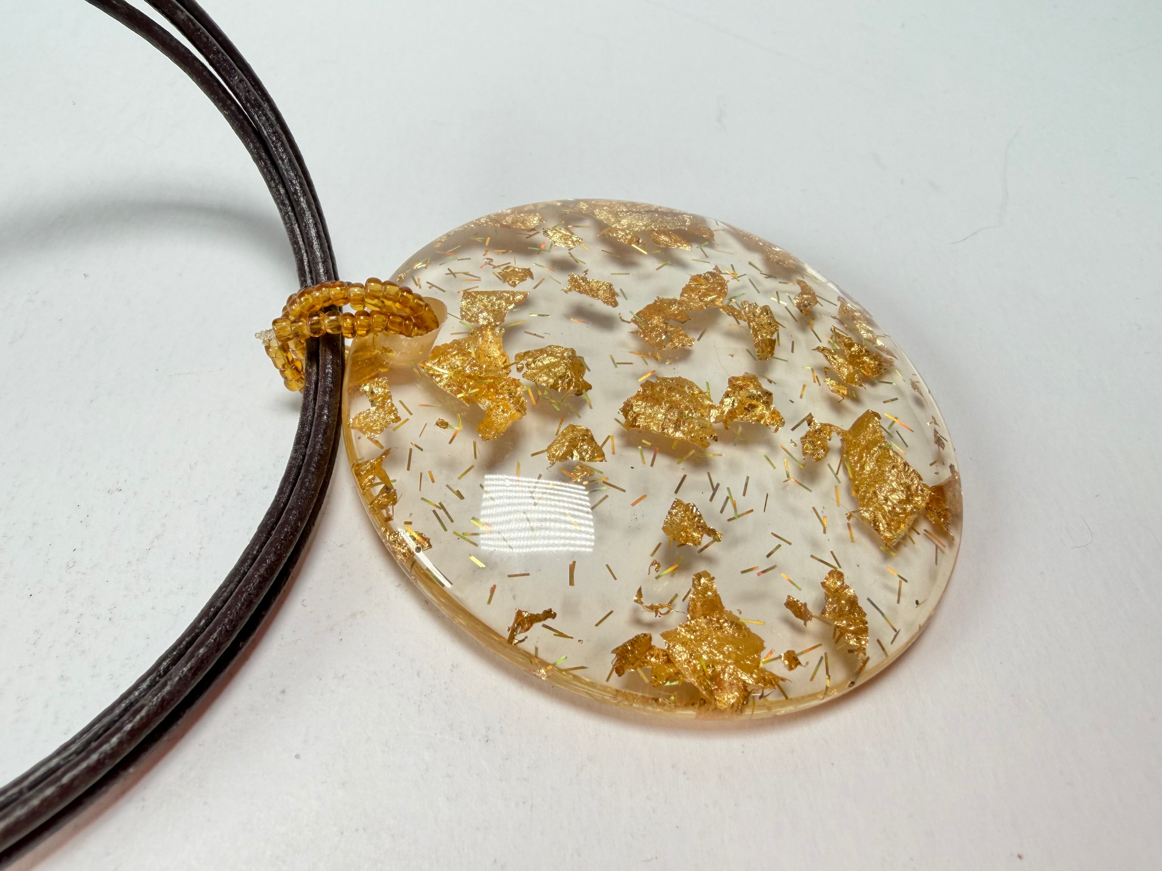 Jackie Brazil "Gold Flakes" Large Disk On Three Cords Resin Necklace ( N3800 )
