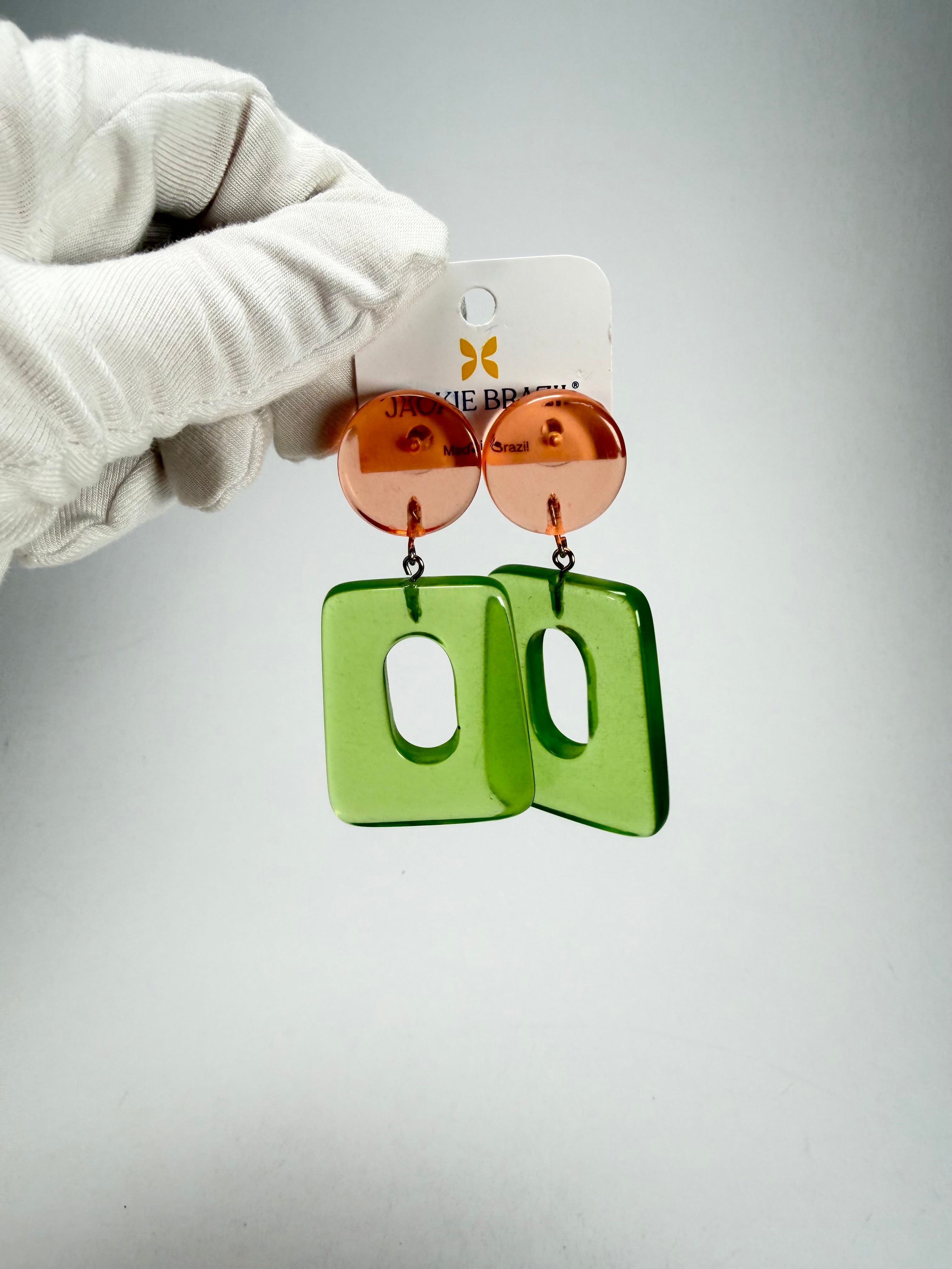 Jackie Brazil "Ruth" Transparent Orange and Green Gloss Trapez On Pin Resin Earrings ( E0010 )