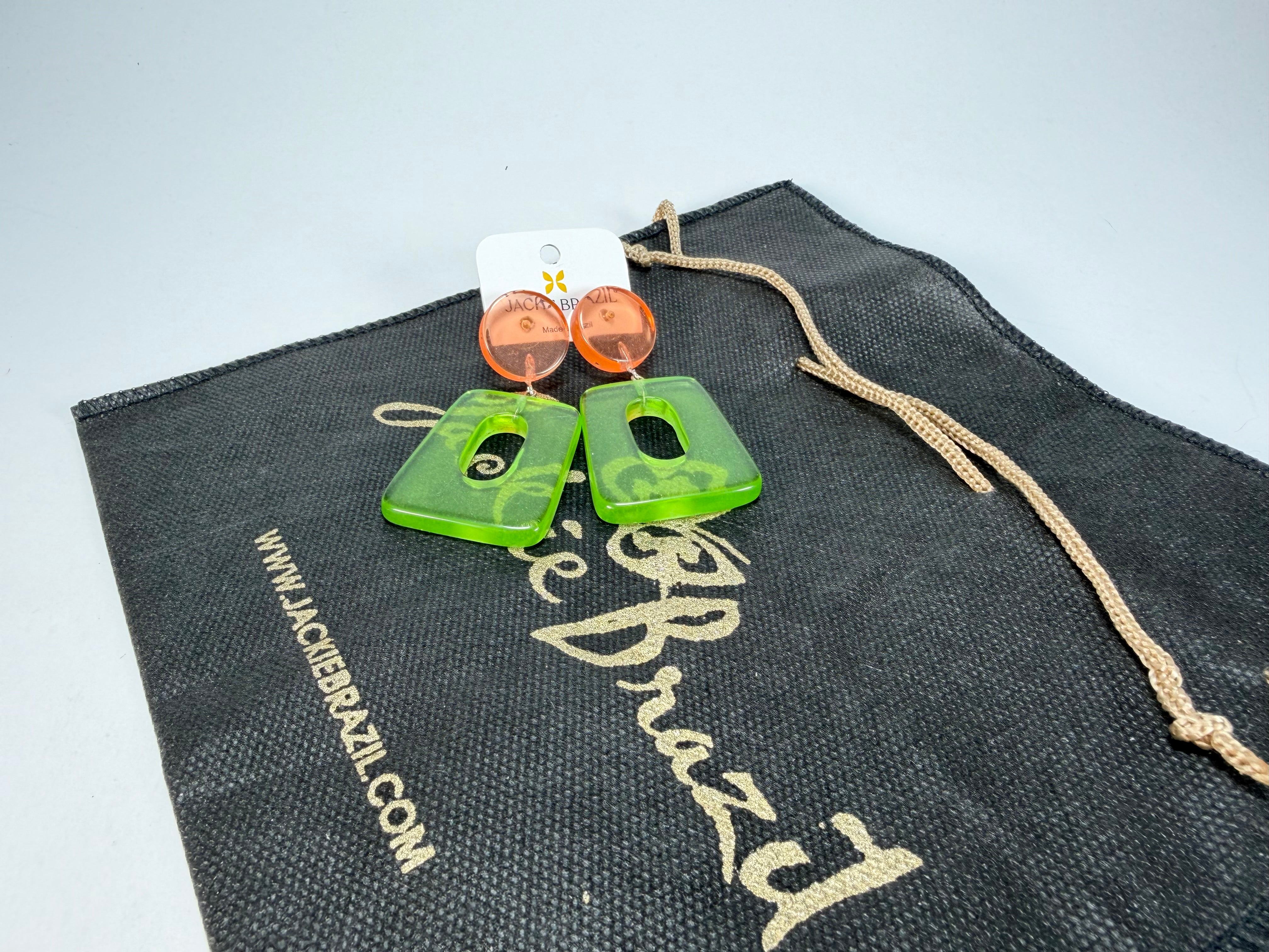 Jackie Brazil "Ruth" Transparent Orange and Green Gloss Trapez On Pin Resin Earrings ( E0010 )