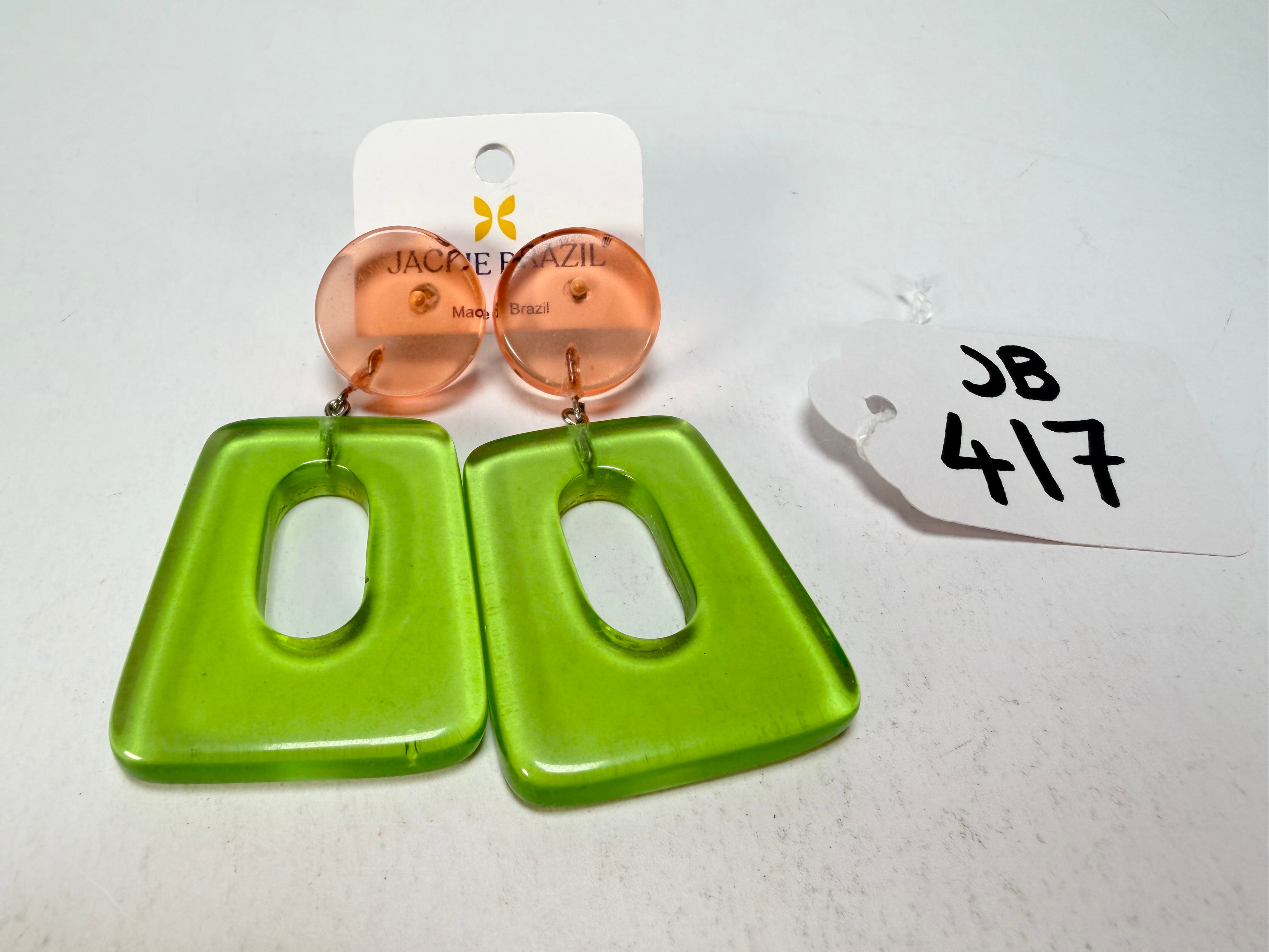 Jackie Brazil "Ruth" Transparent Orange and Green Gloss Trapez On Pin Resin Earrings ( E0010 )