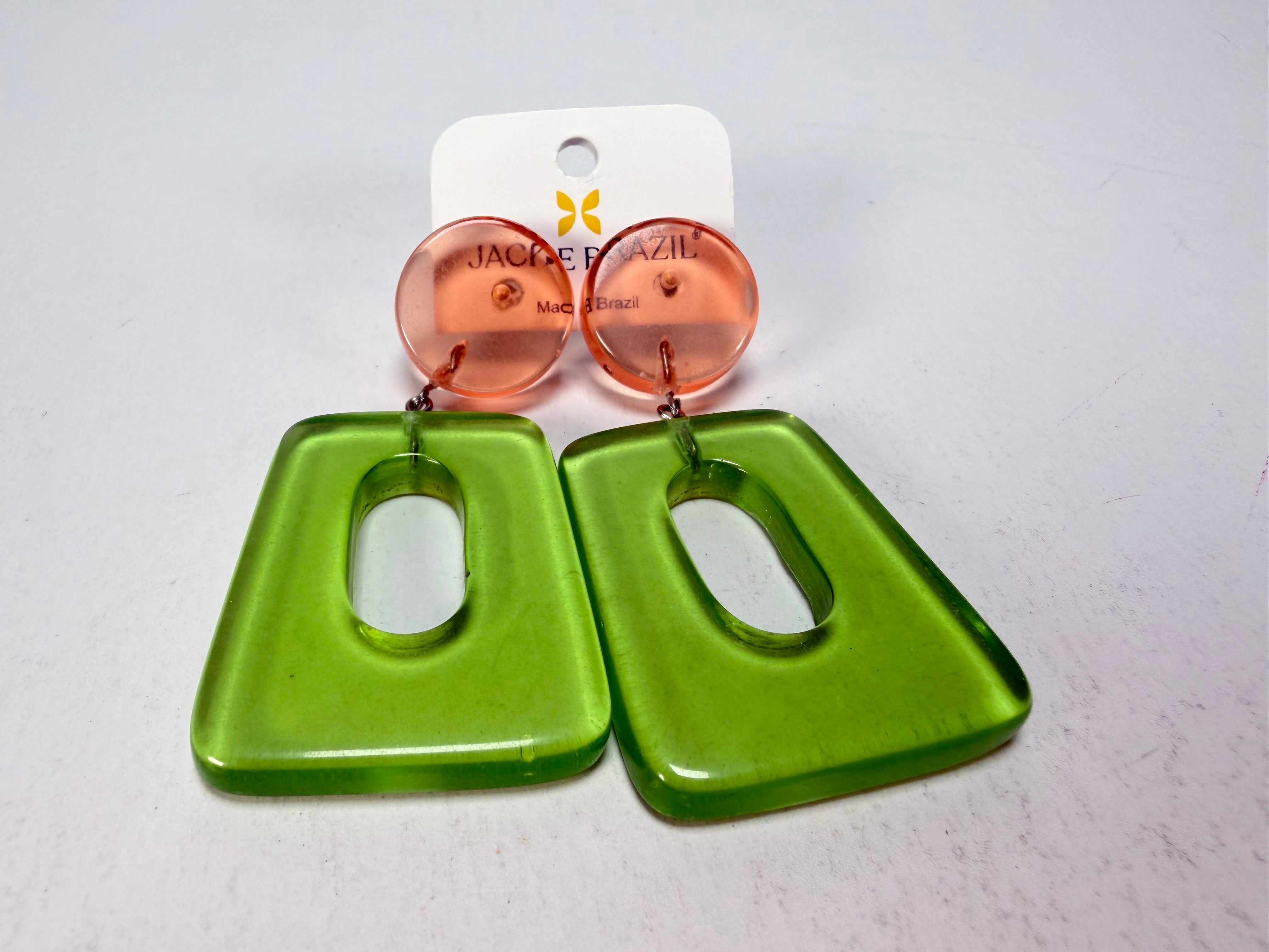Jackie Brazil "Ruth" Transparent Orange and Green Gloss Trapez On Pin Resin Earrings ( E0010 )