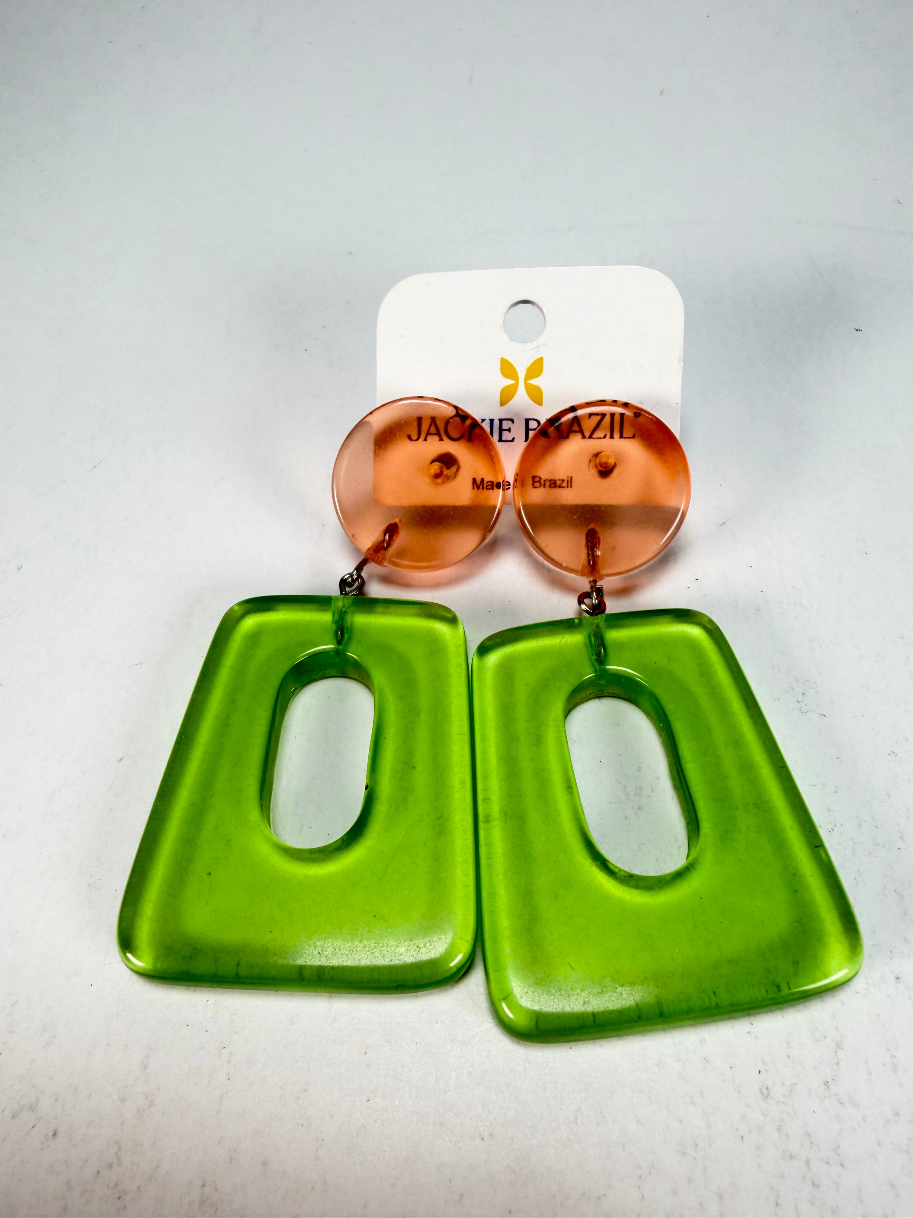 Jackie Brazil "Ruth" Transparent Orange and Green Gloss Trapez On Pin Resin Earrings ( E0010 )