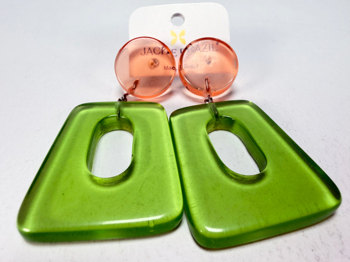 Jackie Brazil "Ruth" Transparent Orange and Green Gloss Trapez On Pin Resin Earrings ( E0010 )