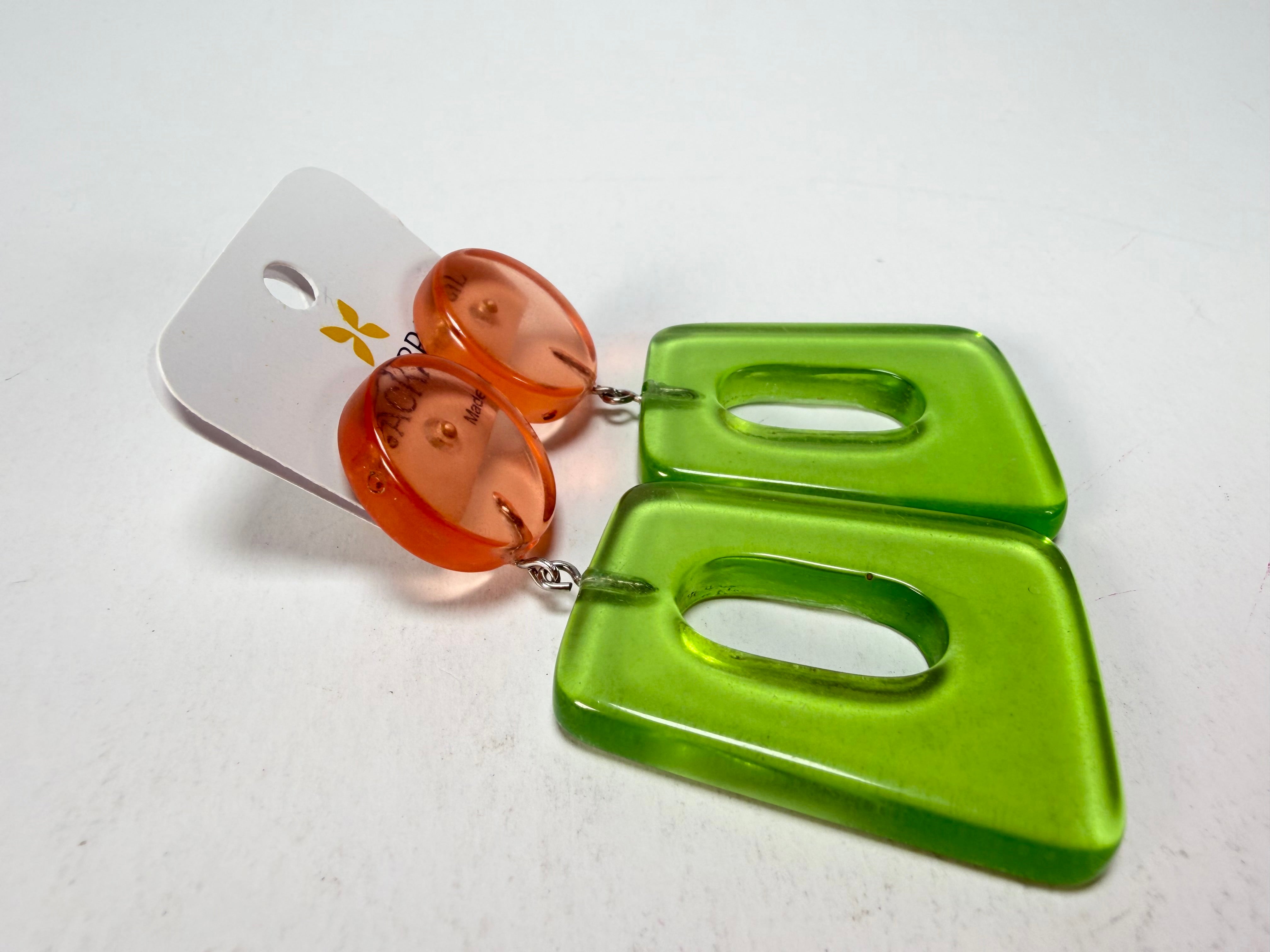 Jackie Brazil "Ruth" Transparent Orange and Green Gloss Trapez On Pin Resin Earrings ( E0010 )