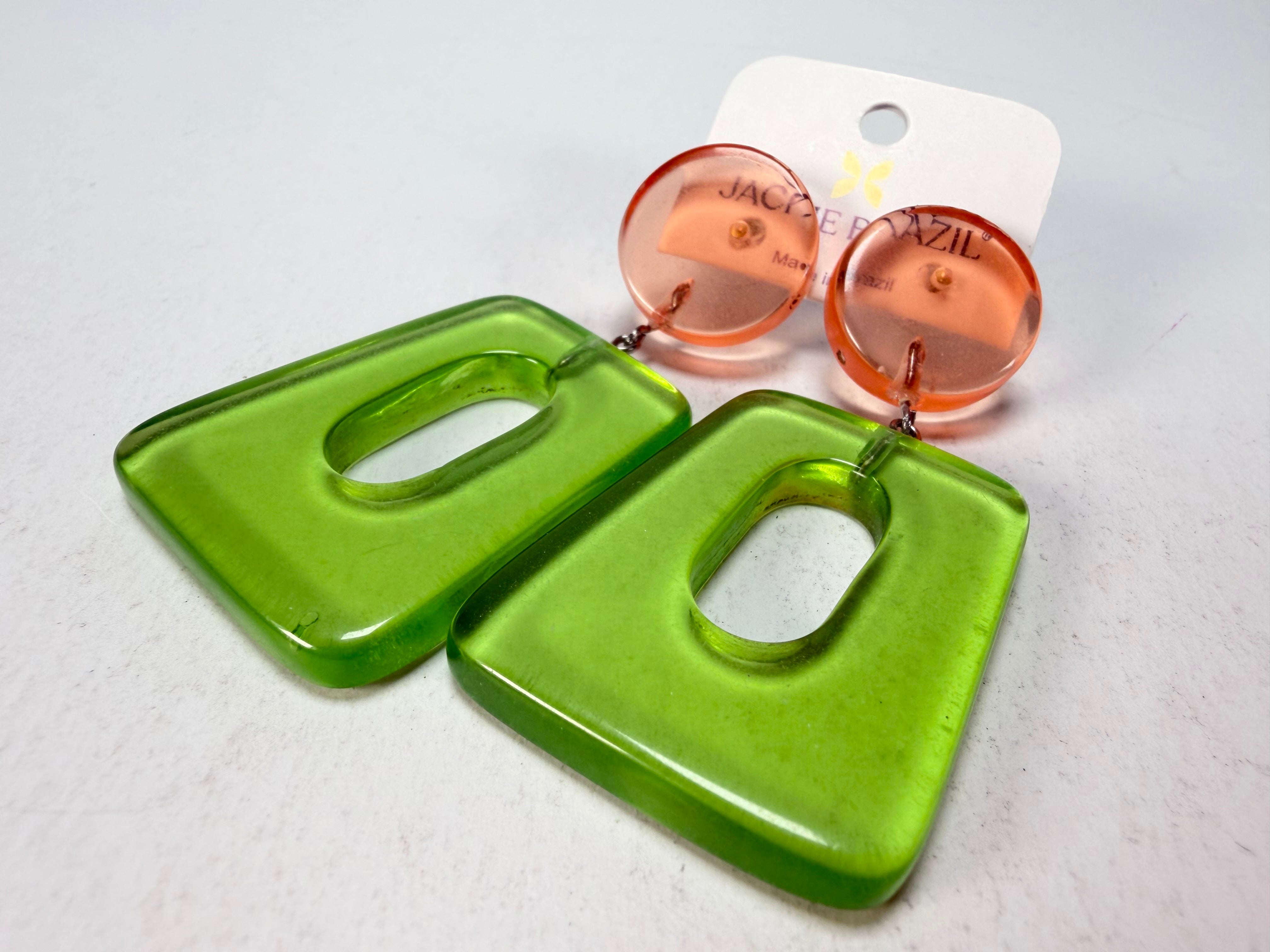 Jackie Brazil "Ruth" Transparent Orange and Green Gloss Trapez On Pin Resin Earrings ( E0010 )