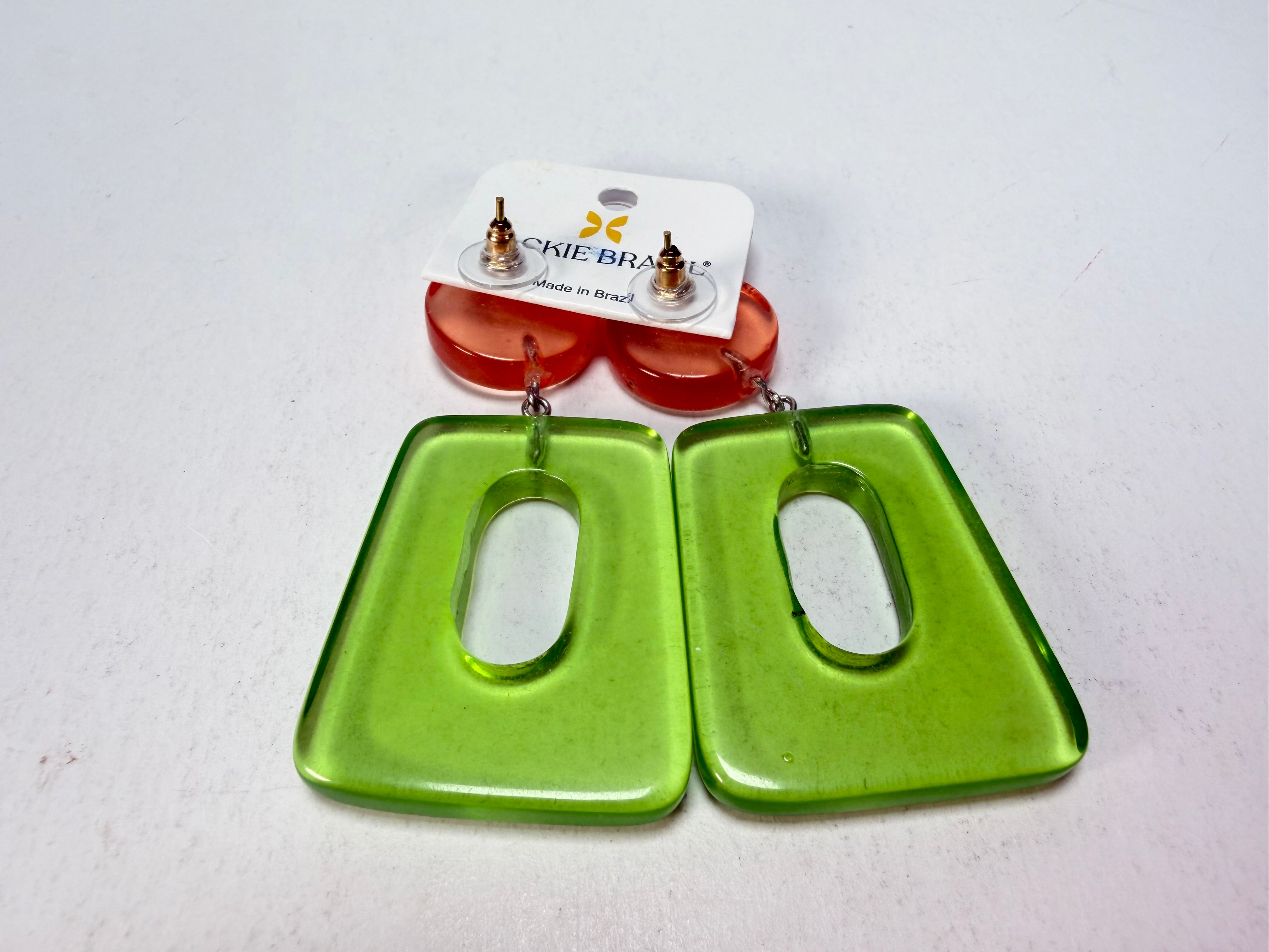 Jackie Brazil "Ruth" Transparent Orange and Green Gloss Trapez On Pin Resin Earrings ( E0010 )