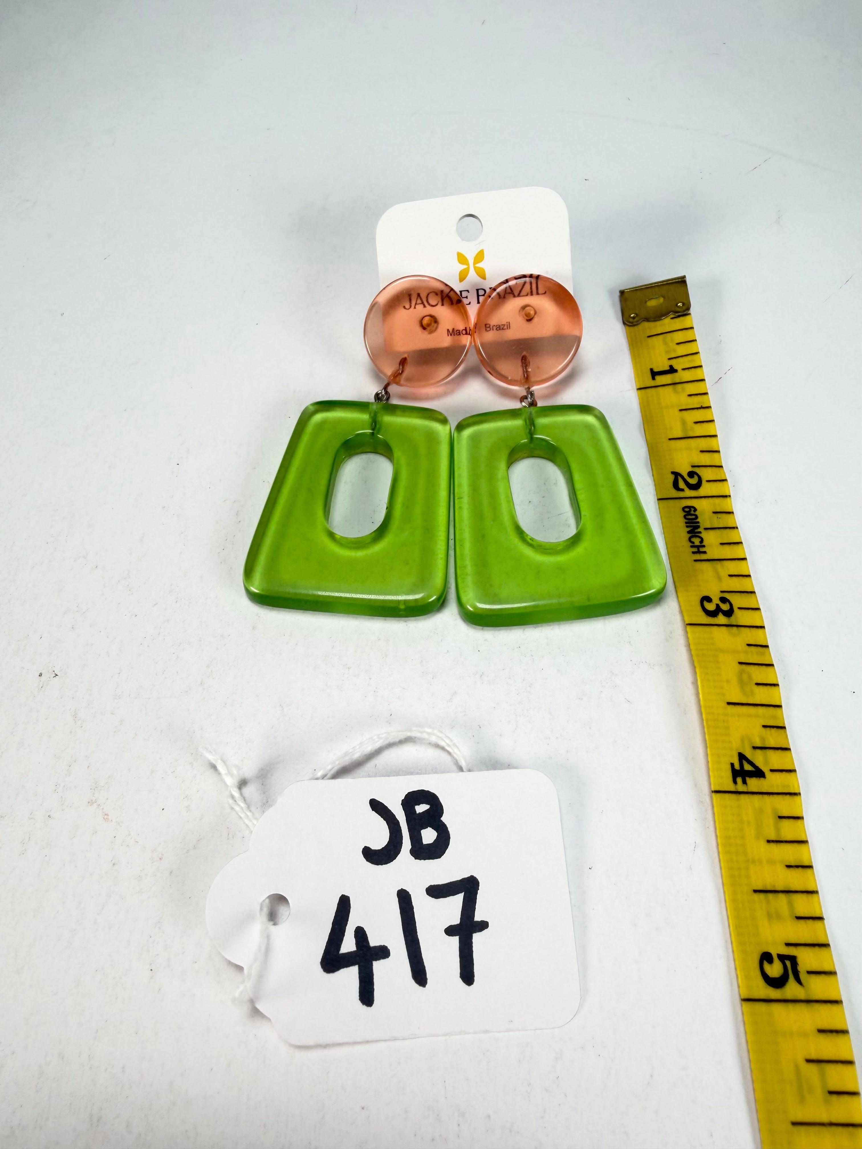 Jackie Brazil "Ruth" Transparent Orange and Green Gloss Trapez On Pin Resin Earrings ( E0010 )