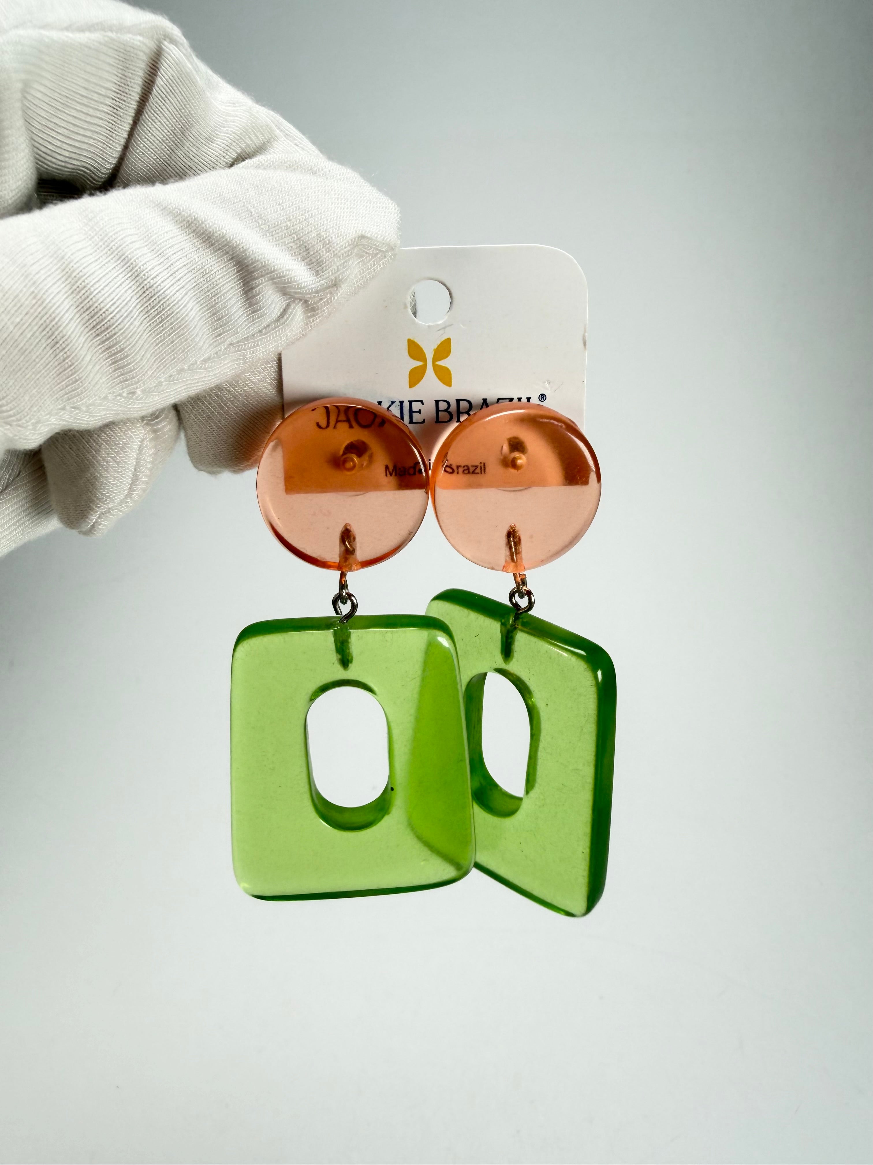 Jackie Brazil "Ruth" Transparent Orange and Green Gloss Trapez On Pin Resin Earrings ( E0010 )