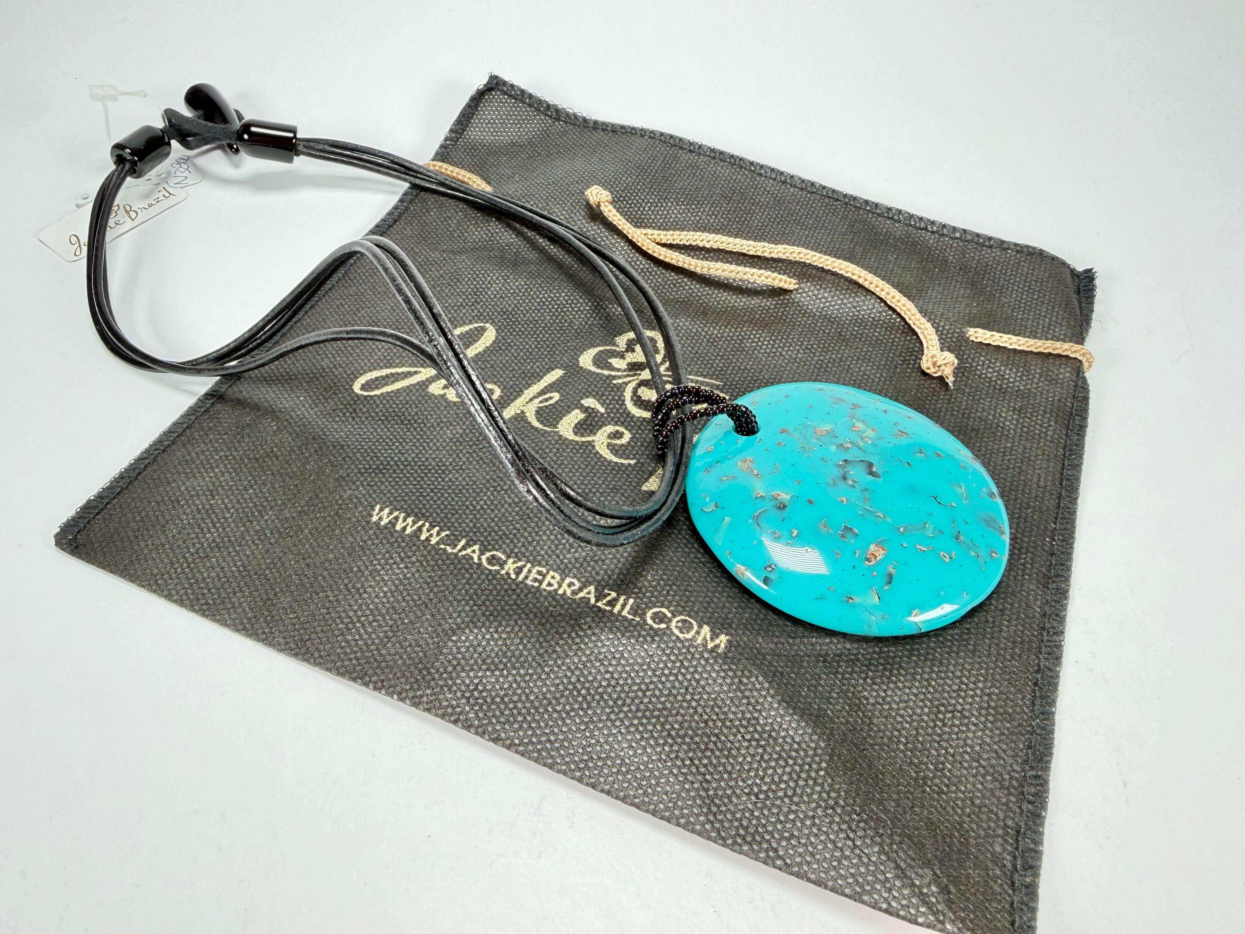 Jackie Brazil "Turquoise" Large Disk On Three Cords Resin Necklace ( N3800 )