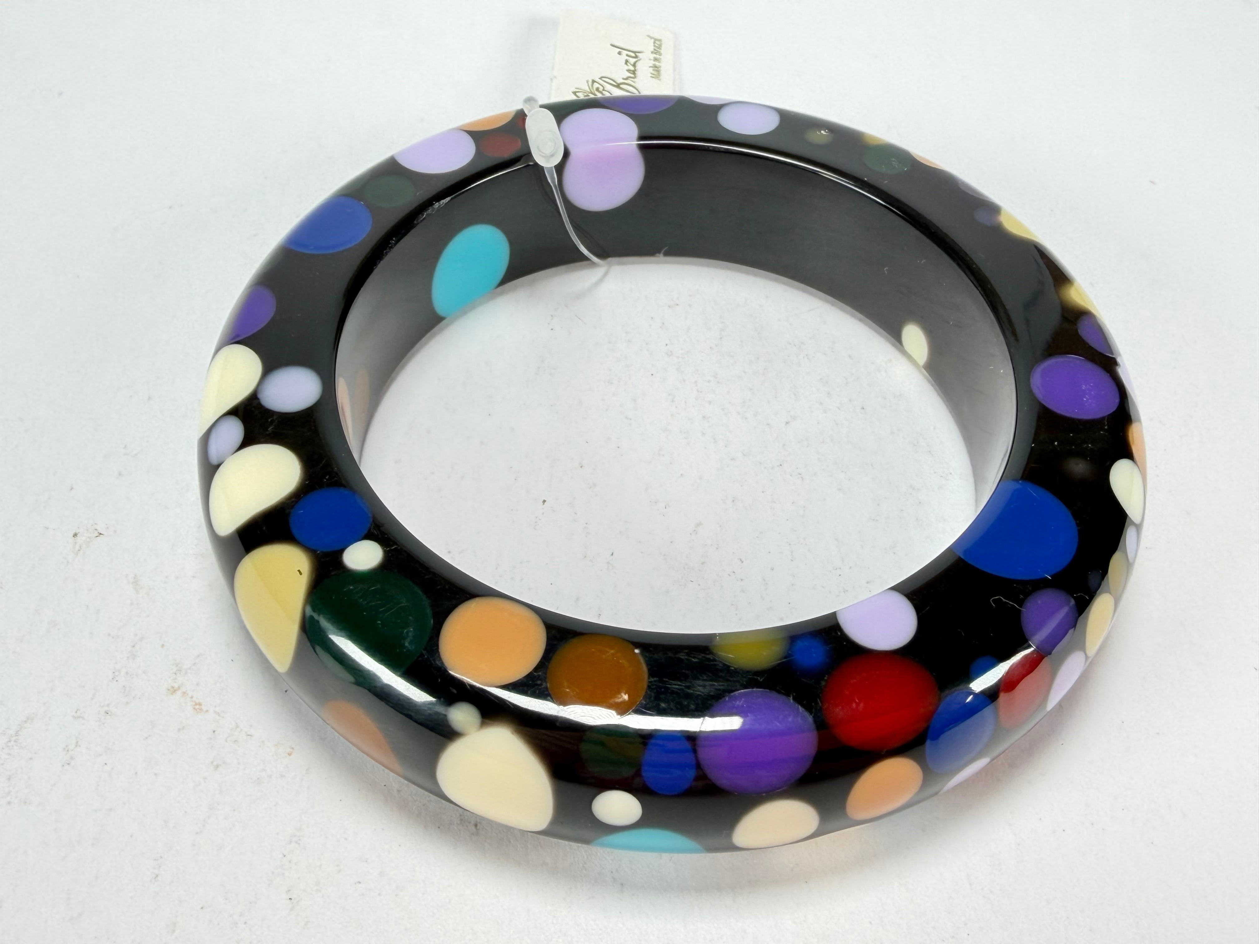 Jackie Brazil "Shinny Spotted" Black & Mix Spots Solid Round Resin 1.7cm Bangle ( B1726 )