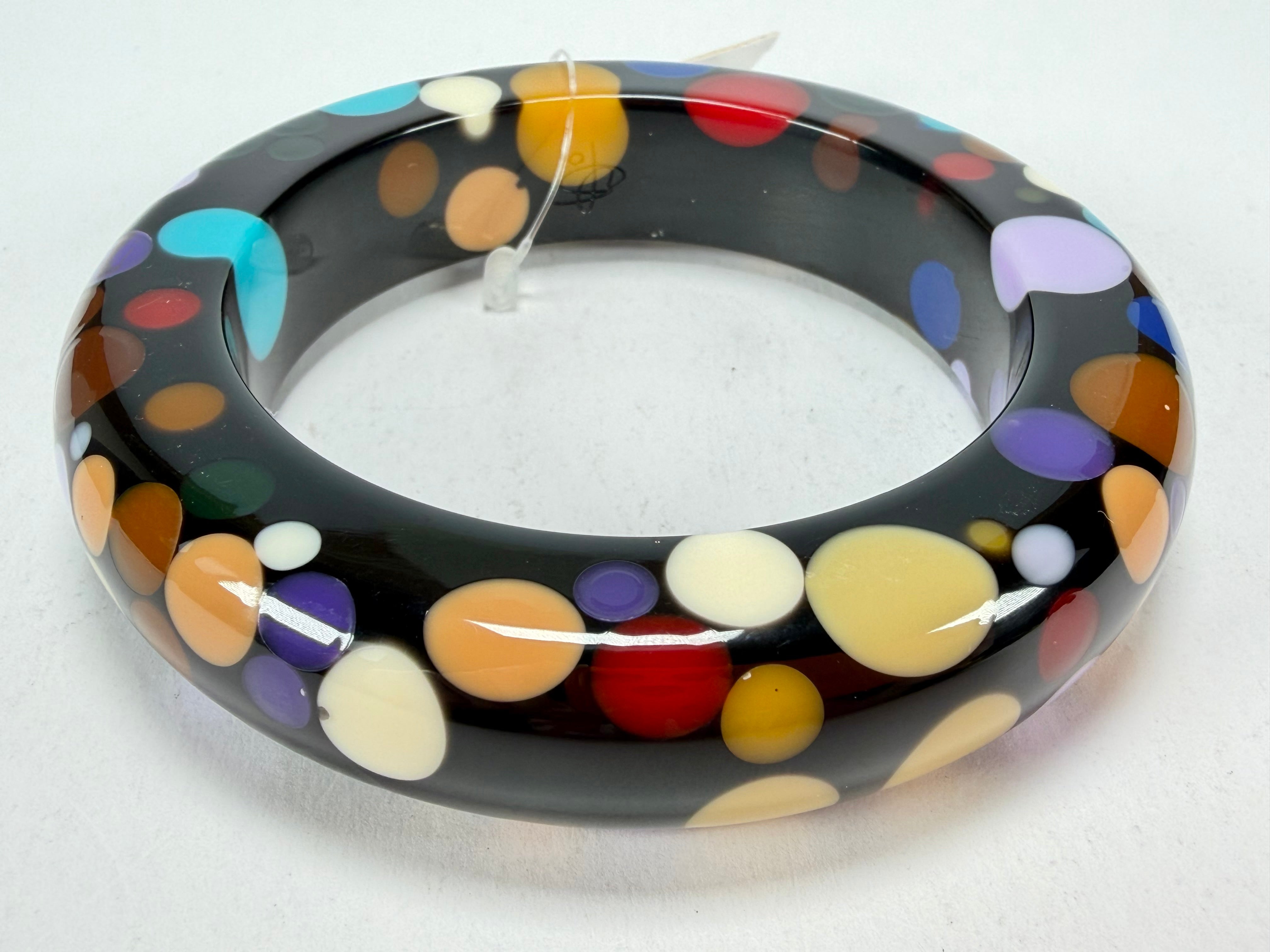 Jackie Brazil "Shinny Spotted" Black & Mix Spots Solid Round Resin 1.7cm Bangle ( B1726 )
