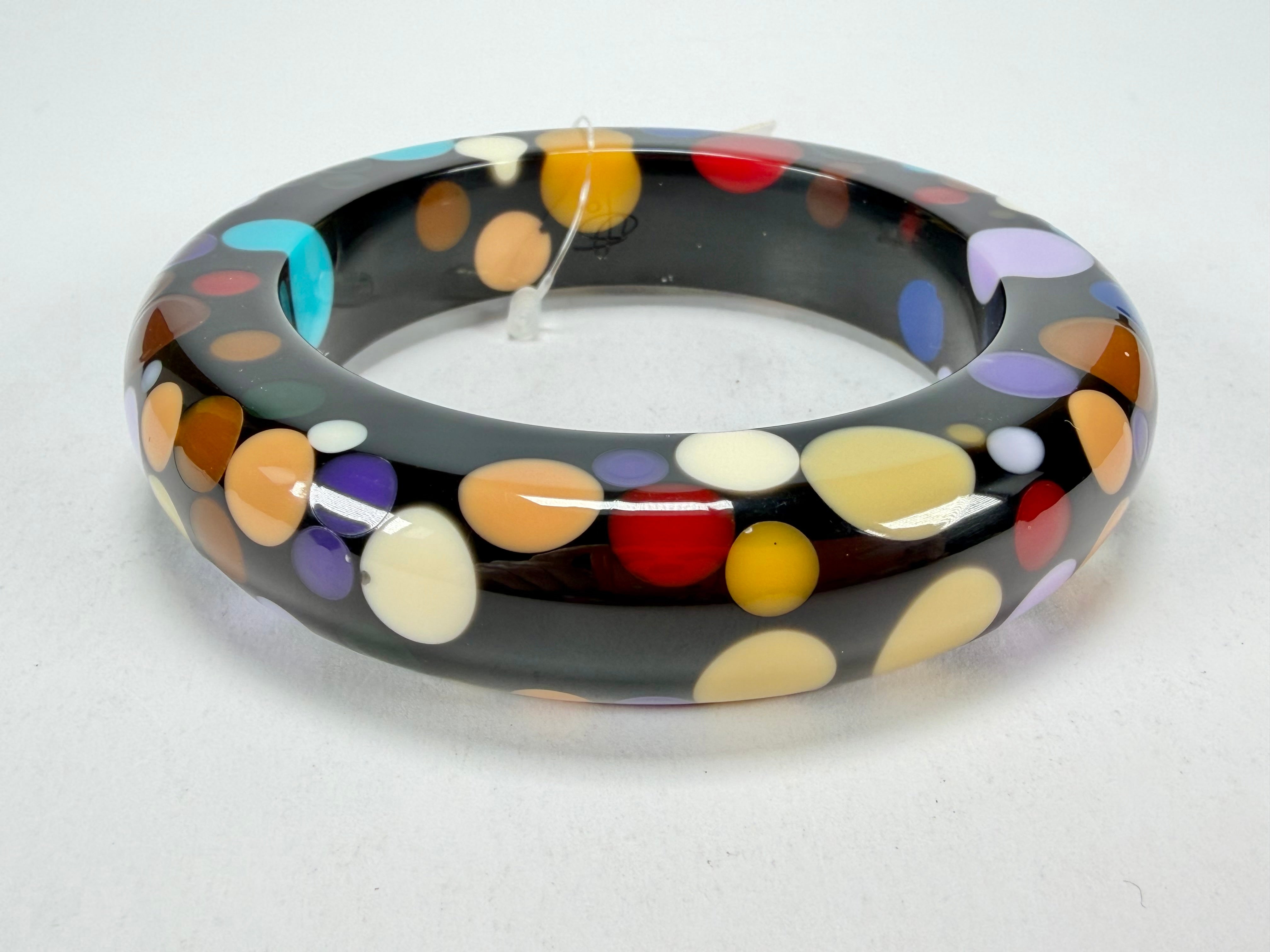 Jackie Brazil "Shinny Spotted" Black & Mix Spots Solid Round Resin 1.7cm Bangle ( B1726 )