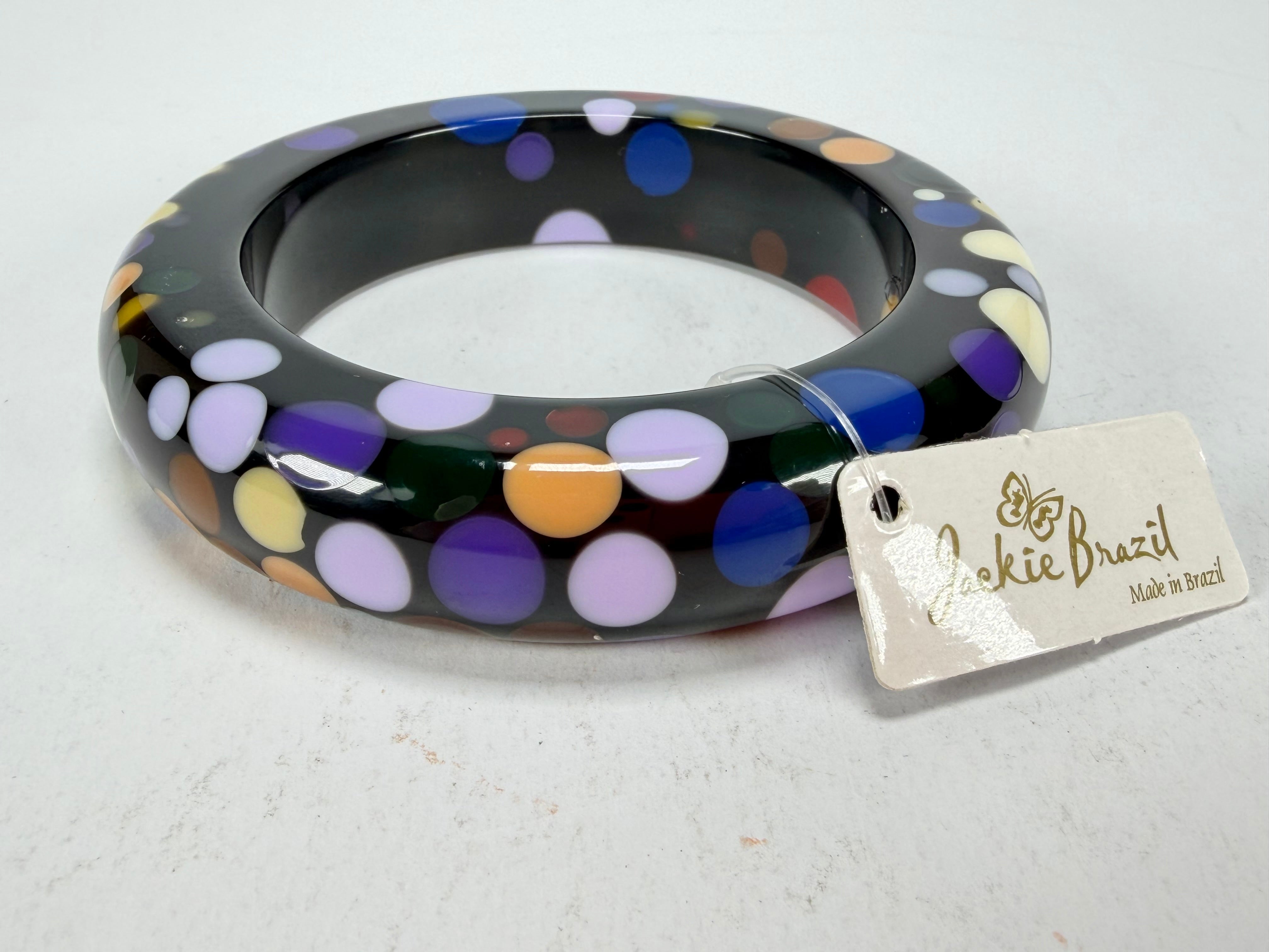 Jackie Brazil "Shinny Spotted" Black & Mix Spots Solid Round Resin 1.7cm Bangle ( B1726 )