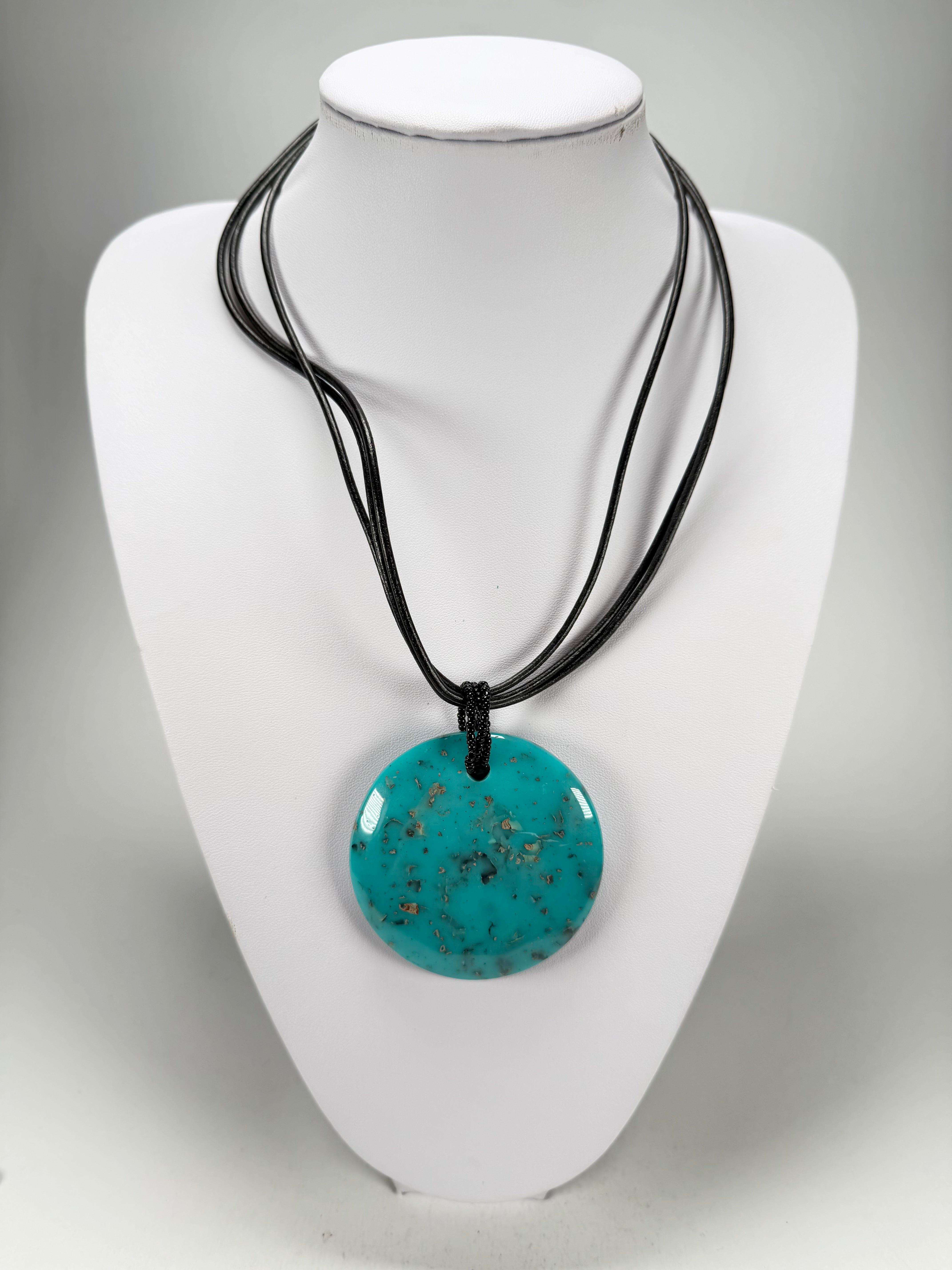 Jackie Brazil "Turquoise" Large Disk On Three Cords Resin Necklace ( N3800 )