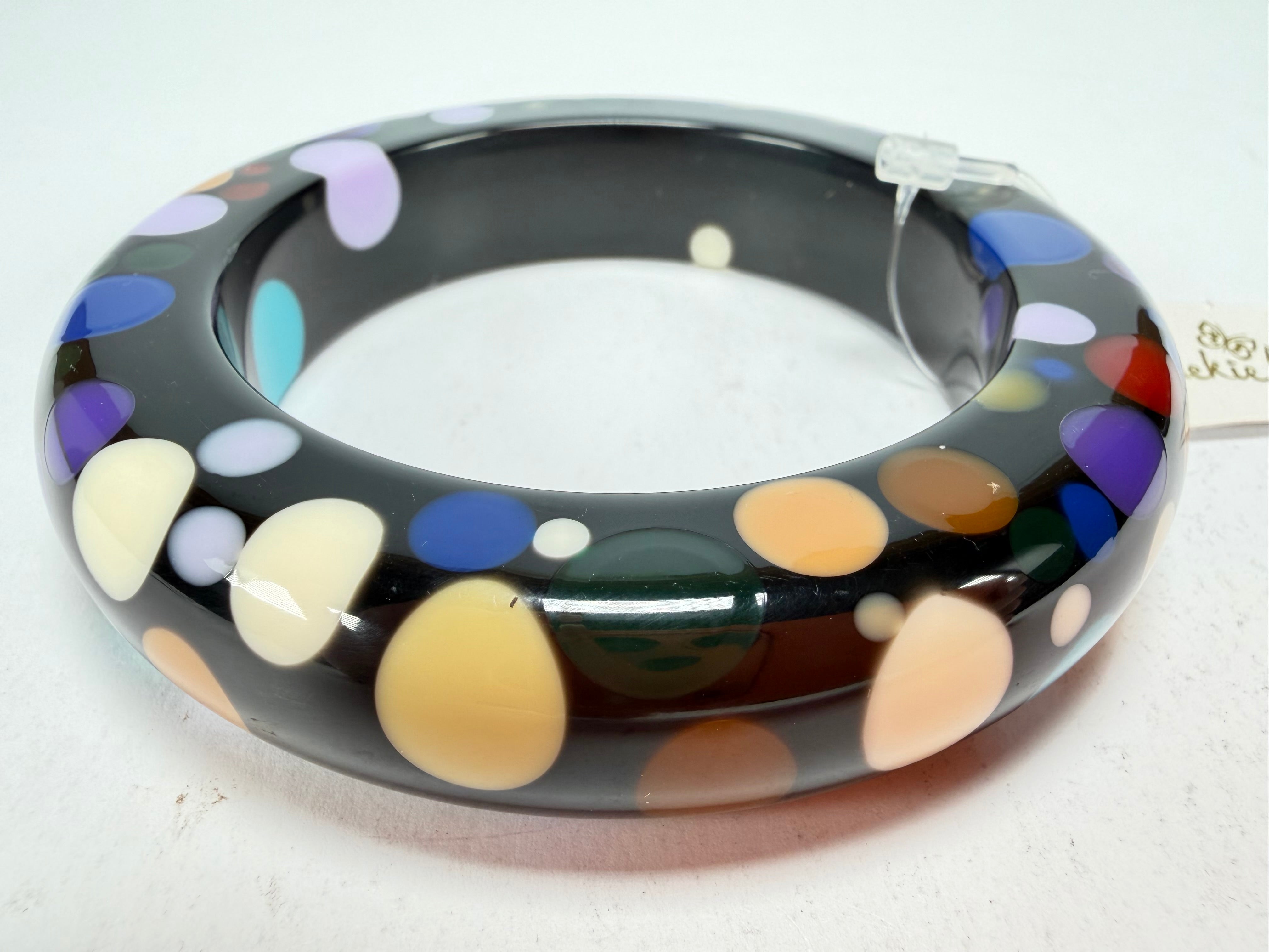 Jackie Brazil "Shinny Spotted" Black & Mix Spots Solid Round Resin 1.7cm Bangle ( B1726 )