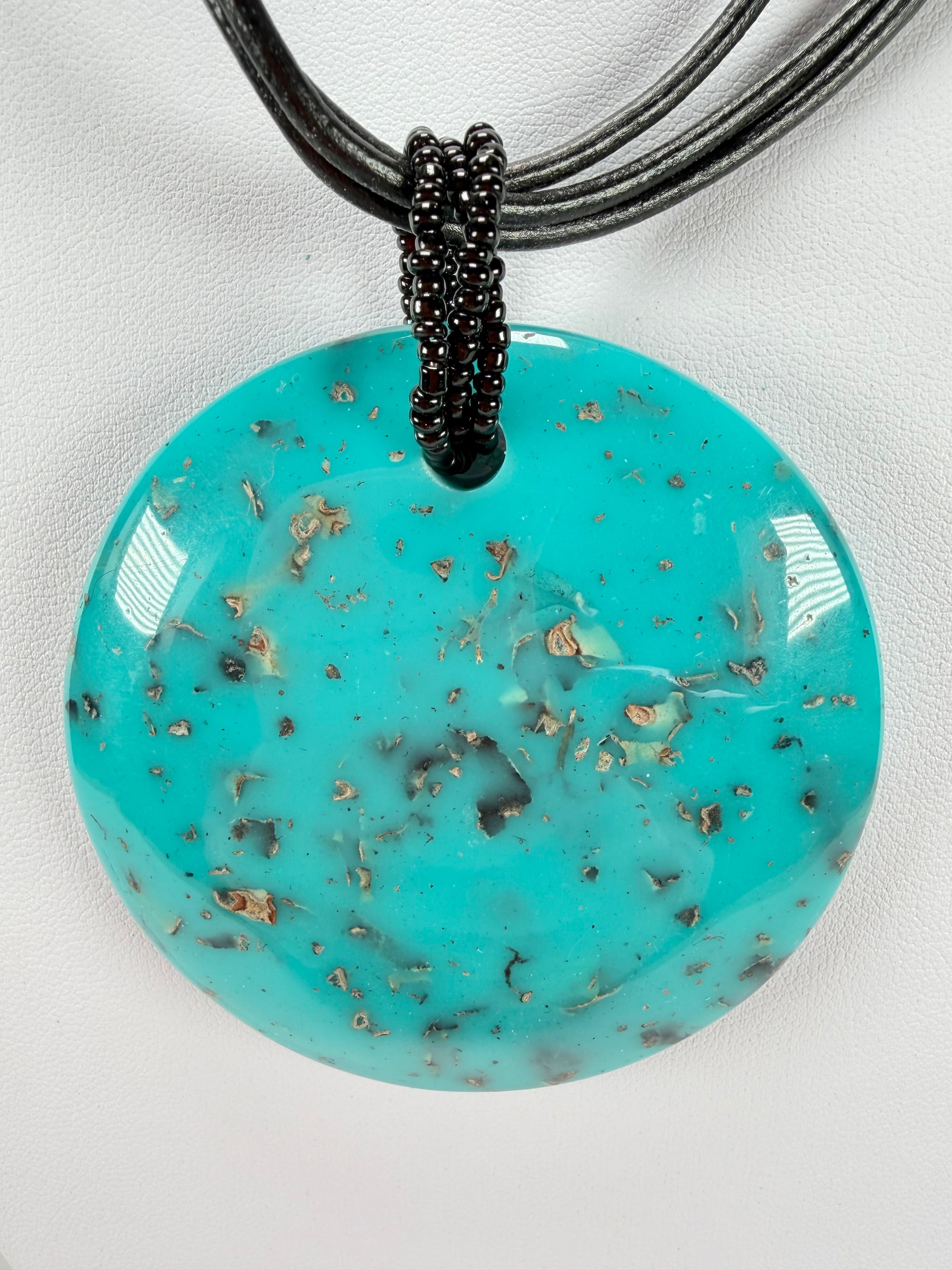 Jackie Brazil "Turquoise" Large Disk On Three Cords Resin Necklace ( N3800 )