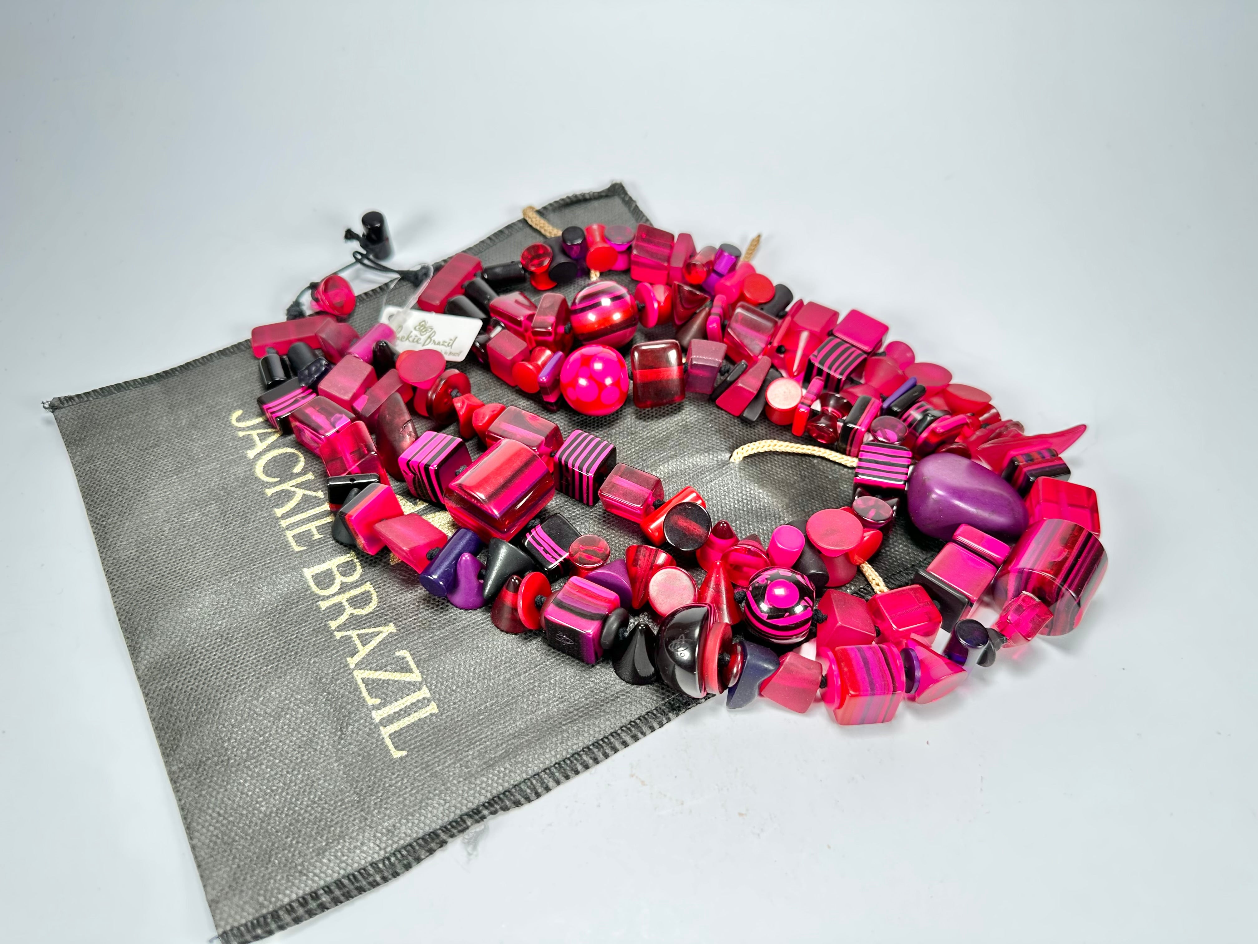 Jackie Brazil "Indiana" 3 Strand Multi-Bead Dark Pink Resin Necklace ( N0043 )