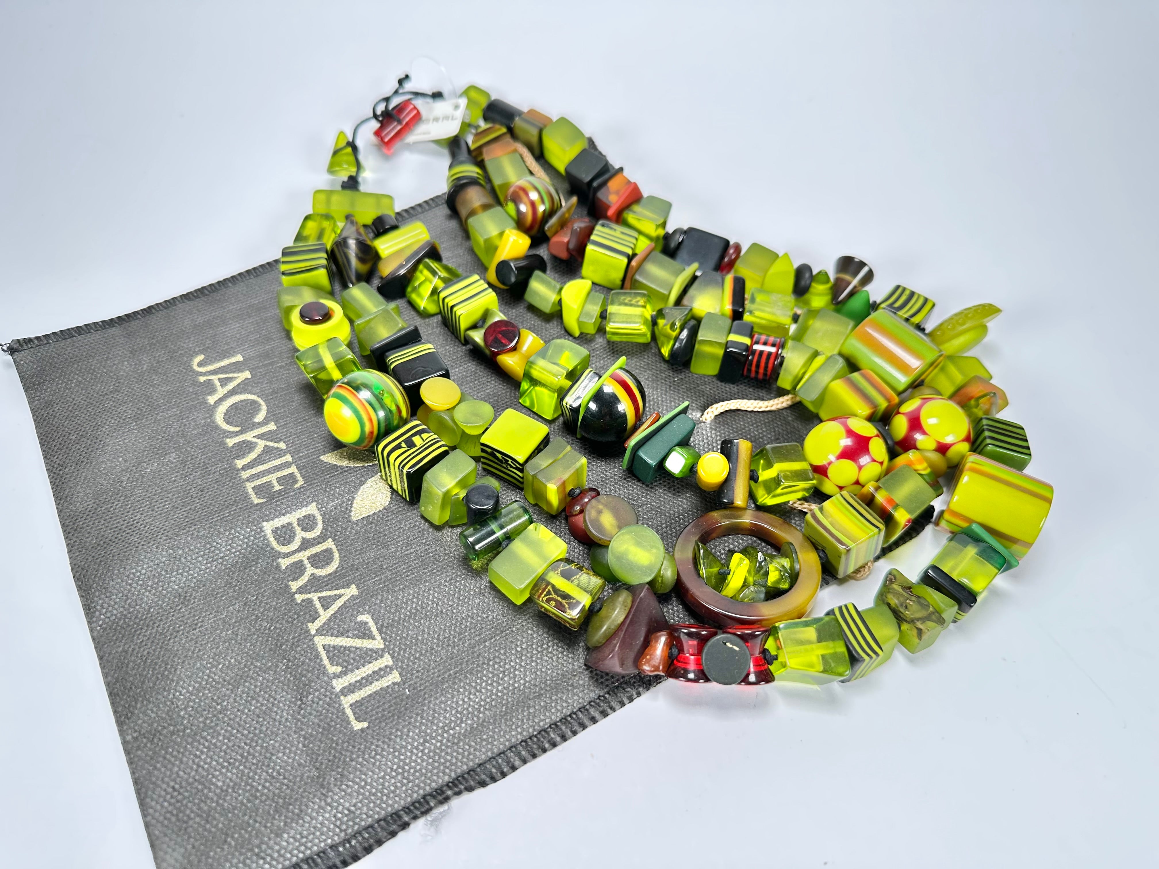 Jackie Brazil "Indiana" 3 Strand Multi-Bead Green Resin Necklace ( N0043 )