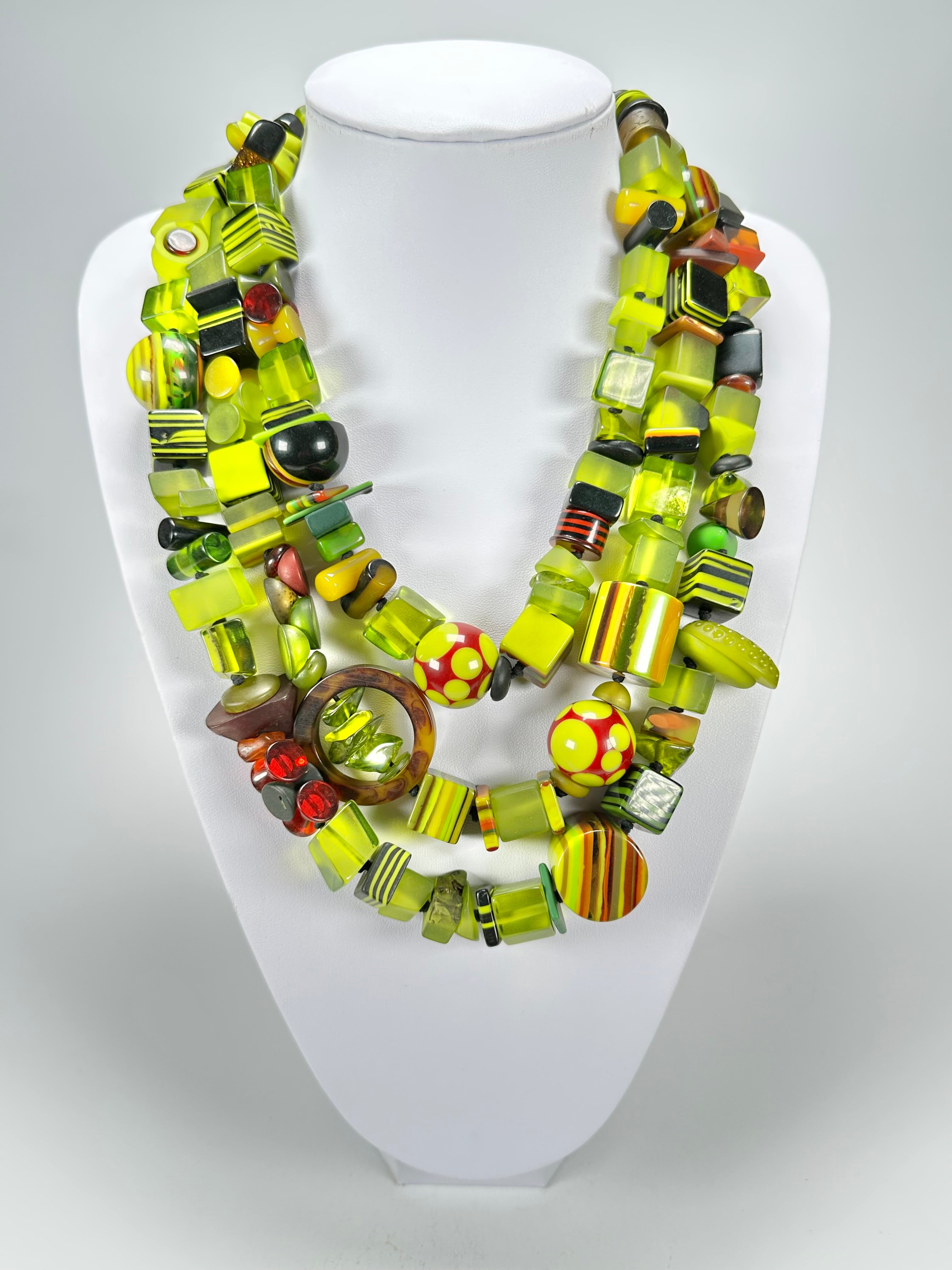 Jackie Brazil "Indiana" 3 Strand Multi-Bead Green Resin Necklace ( N0043 )