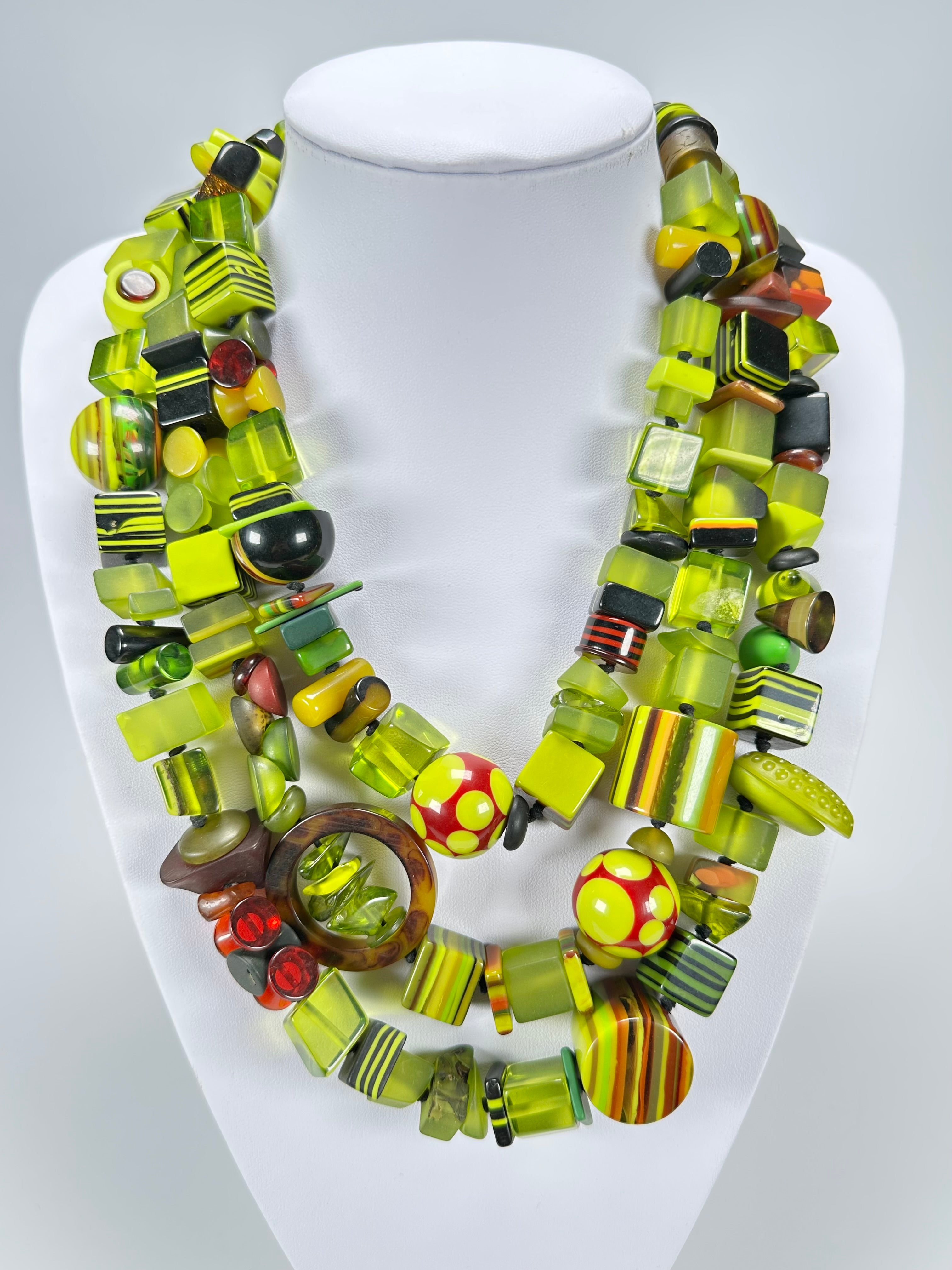 Jackie Brazil "Indiana" 3 Strand Multi-Bead Green Resin Necklace ( N0043 )