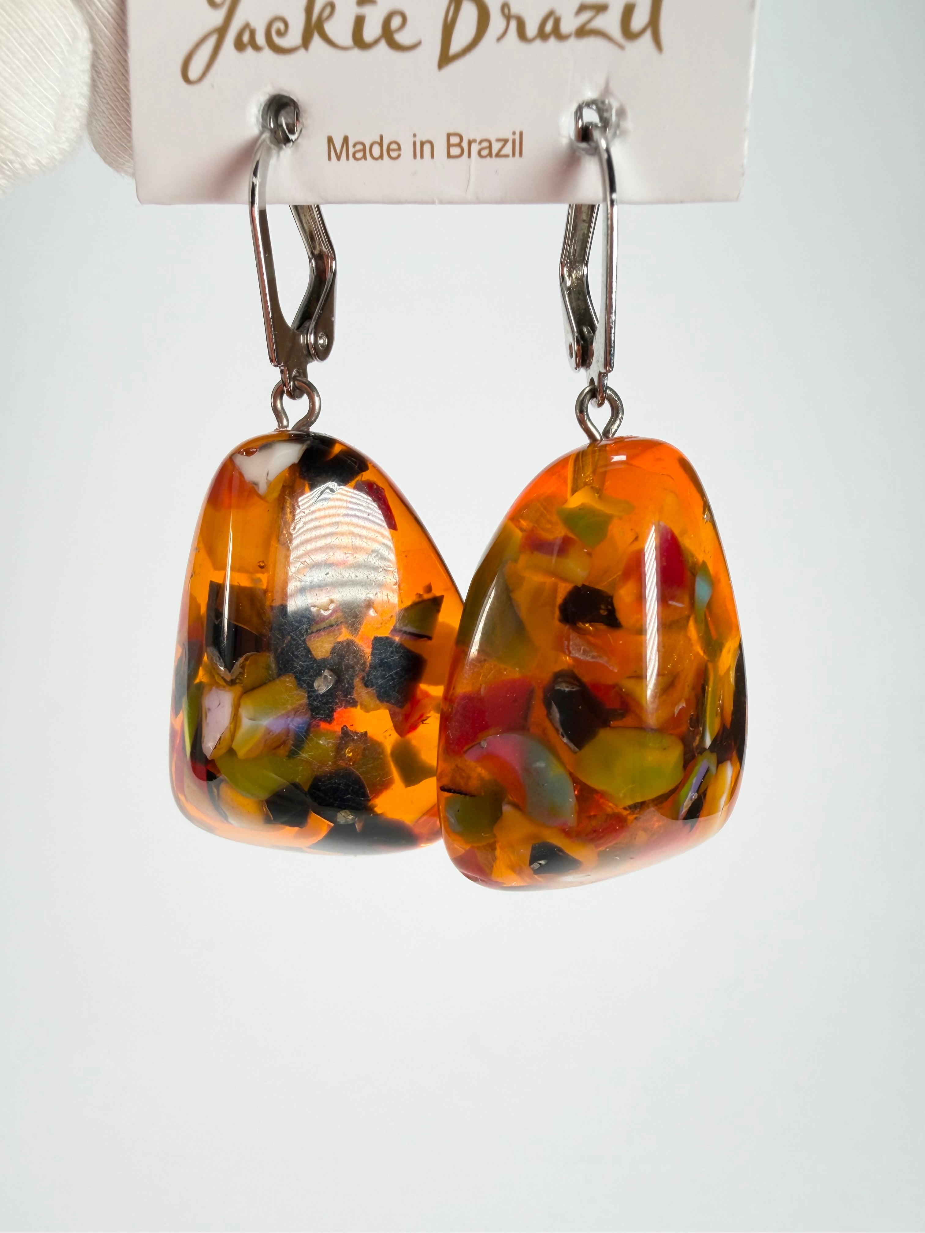Jackie Brazil "Diamond" Orange Mix Flinstone on Hook Resin Earrings ( E0700 )