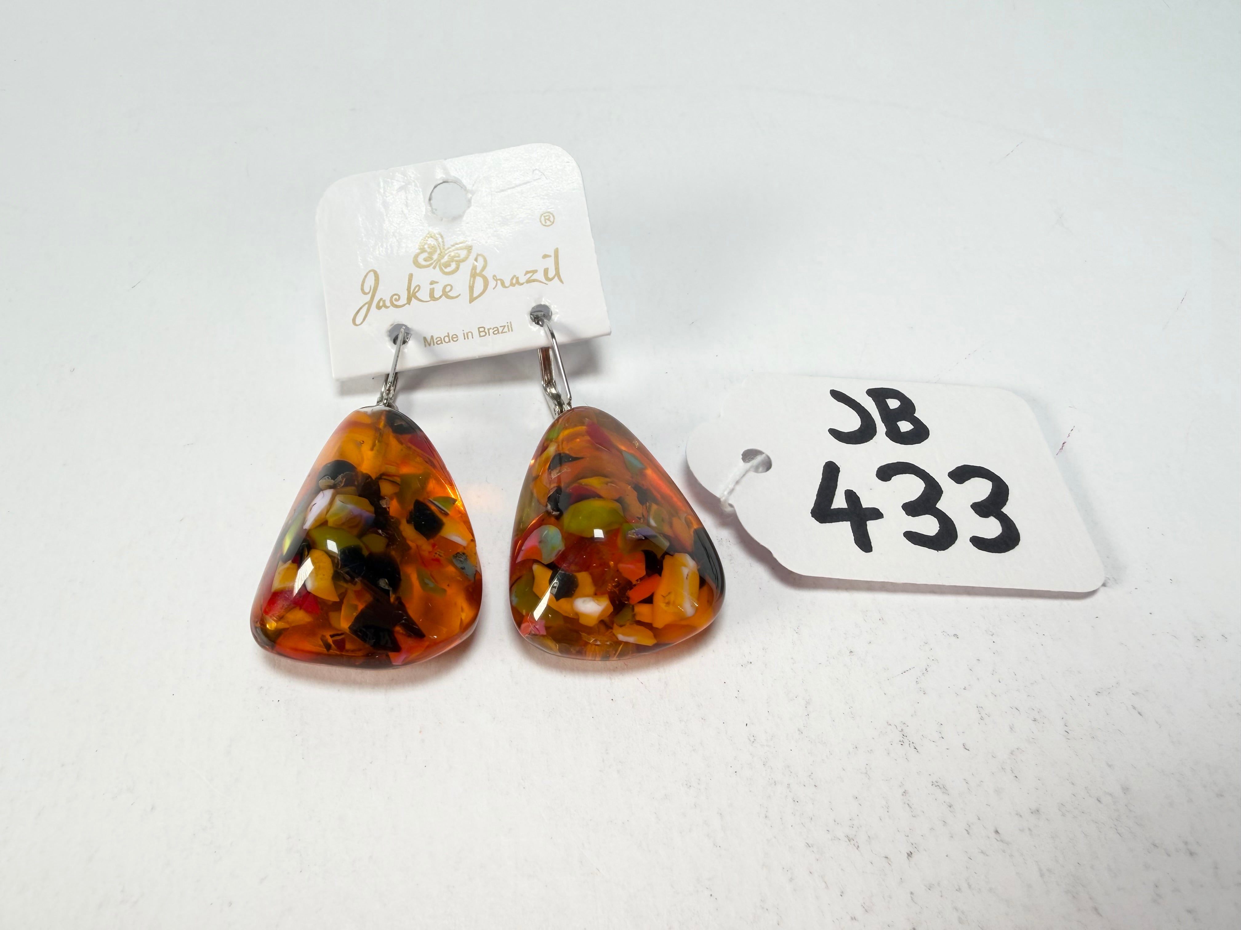 Jackie Brazil "Diamond" Orange Mix Flinstone on Hook Resin Earrings ( E0700 )