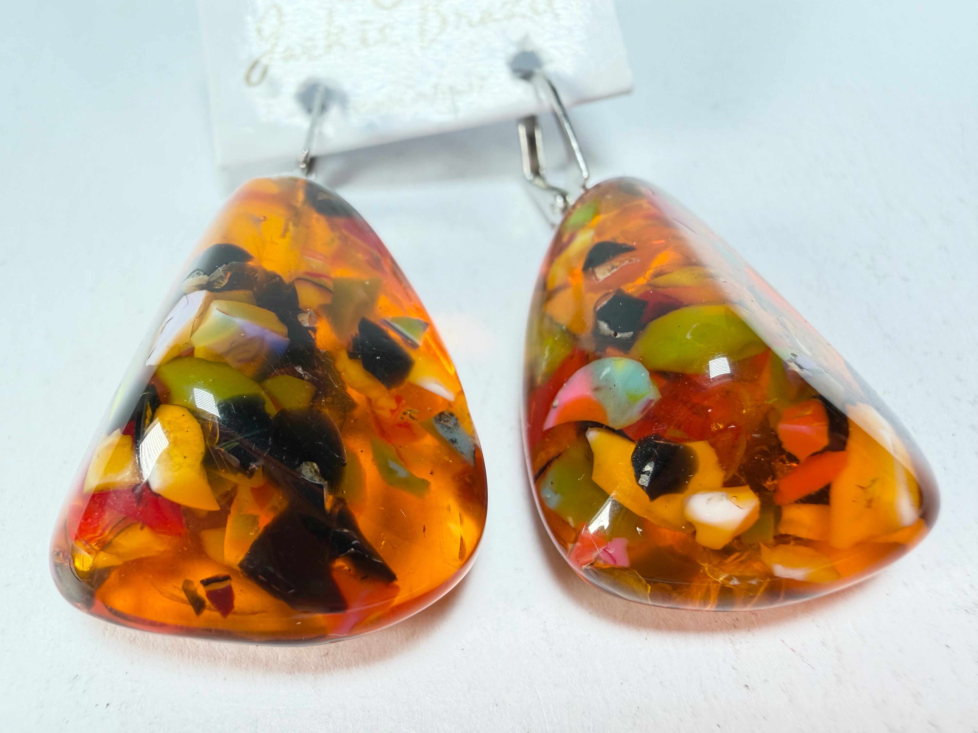 Jackie Brazil "Diamond" Orange Mix Flinstone on Hook Resin Earrings ( E0700 )