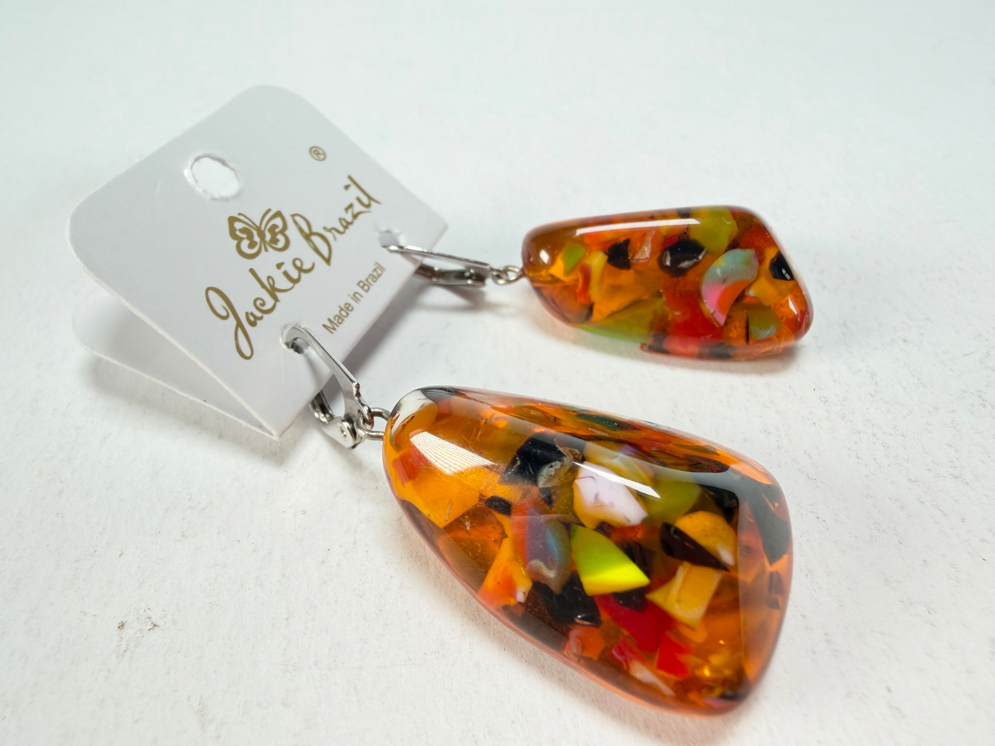 Jackie Brazil "Diamond" Orange Mix Flinstone on Hook Resin Earrings ( E0700 )