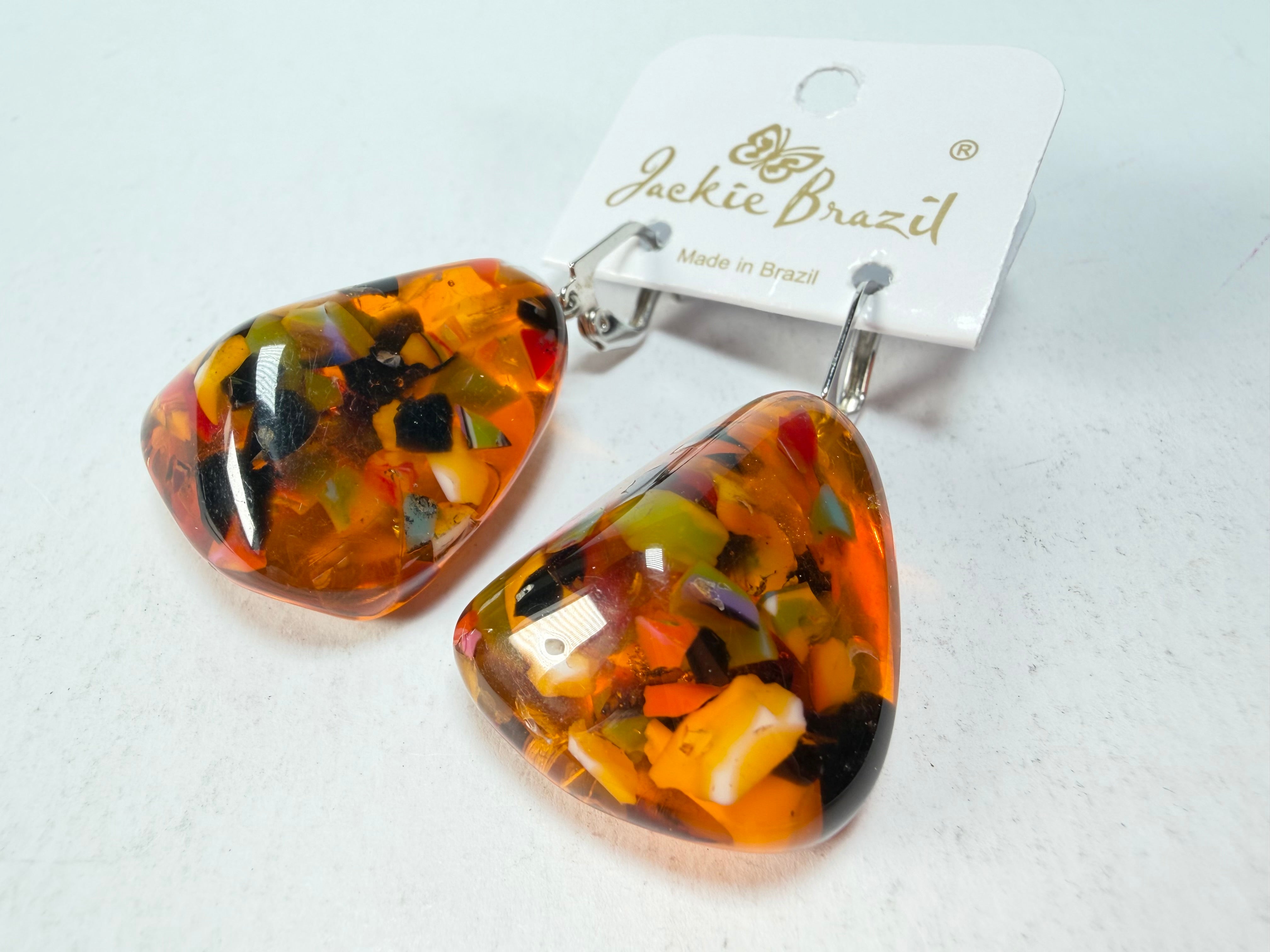 Jackie Brazil "Diamond" Orange Mix Flinstone on Hook Resin Earrings ( E0700 )
