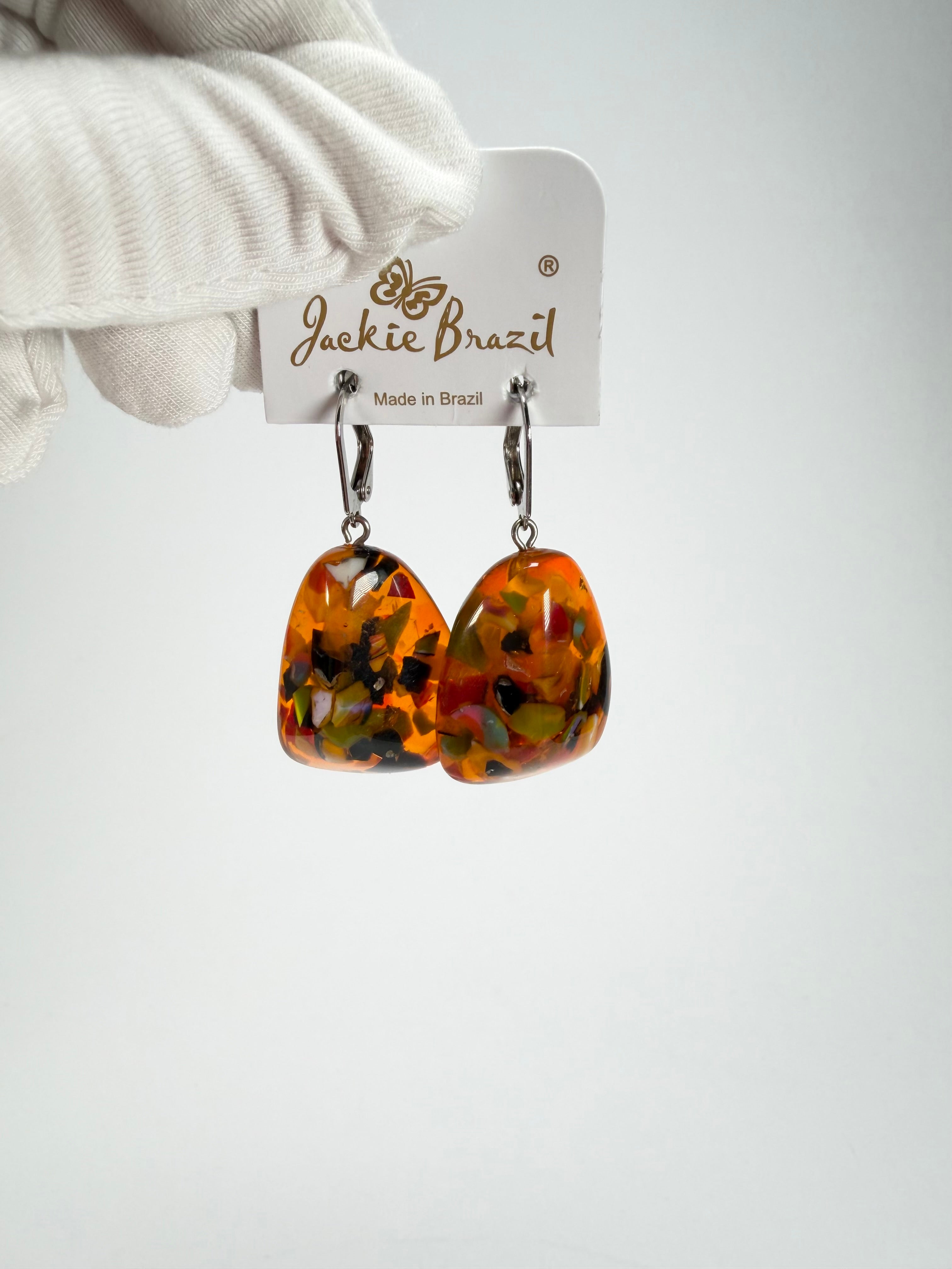 Jackie Brazil "Diamond" Orange Mix Flinstone on Hook Resin Earrings ( E0700 )