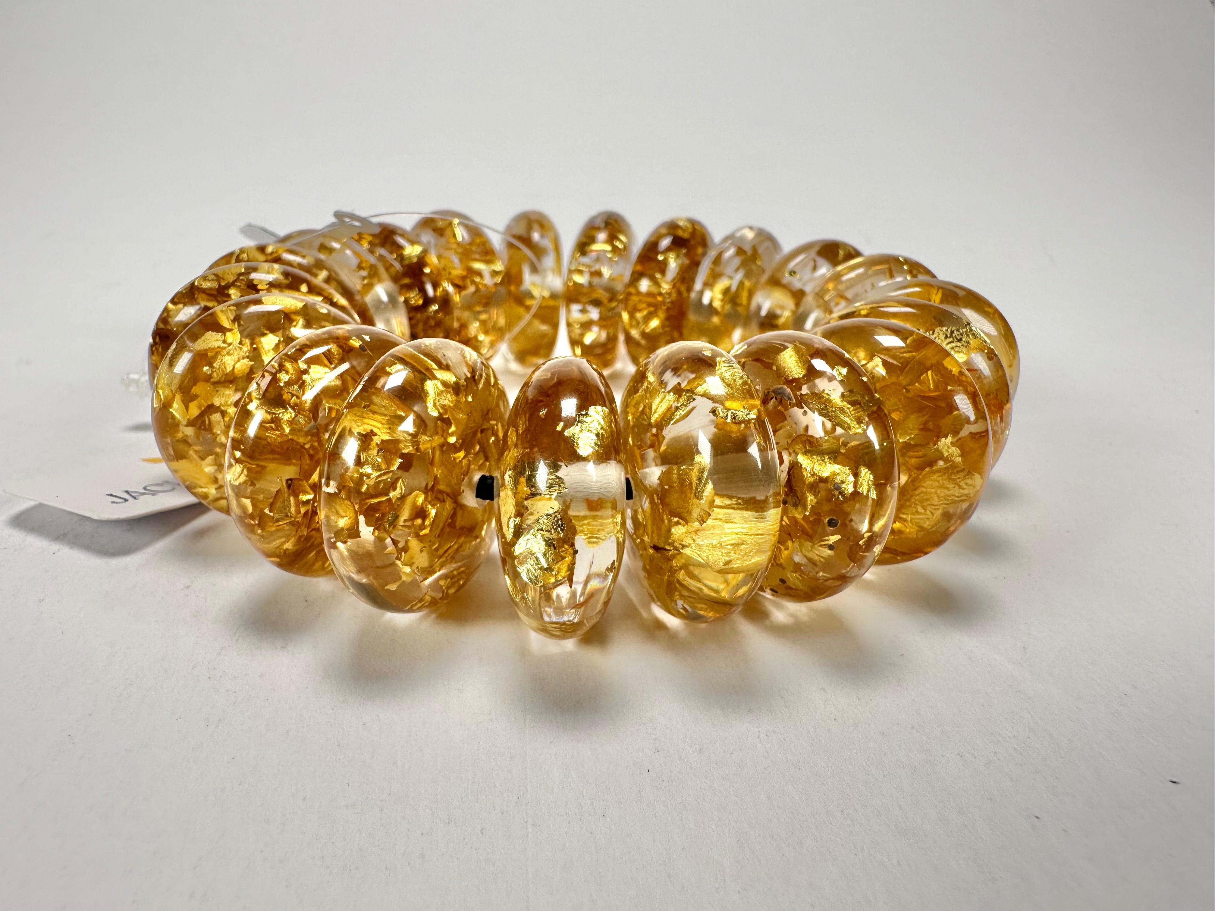 Jackie Brazil "Ana" Gold Flakes Elasticated Wheels Resin Bracelet ( B0910 )
