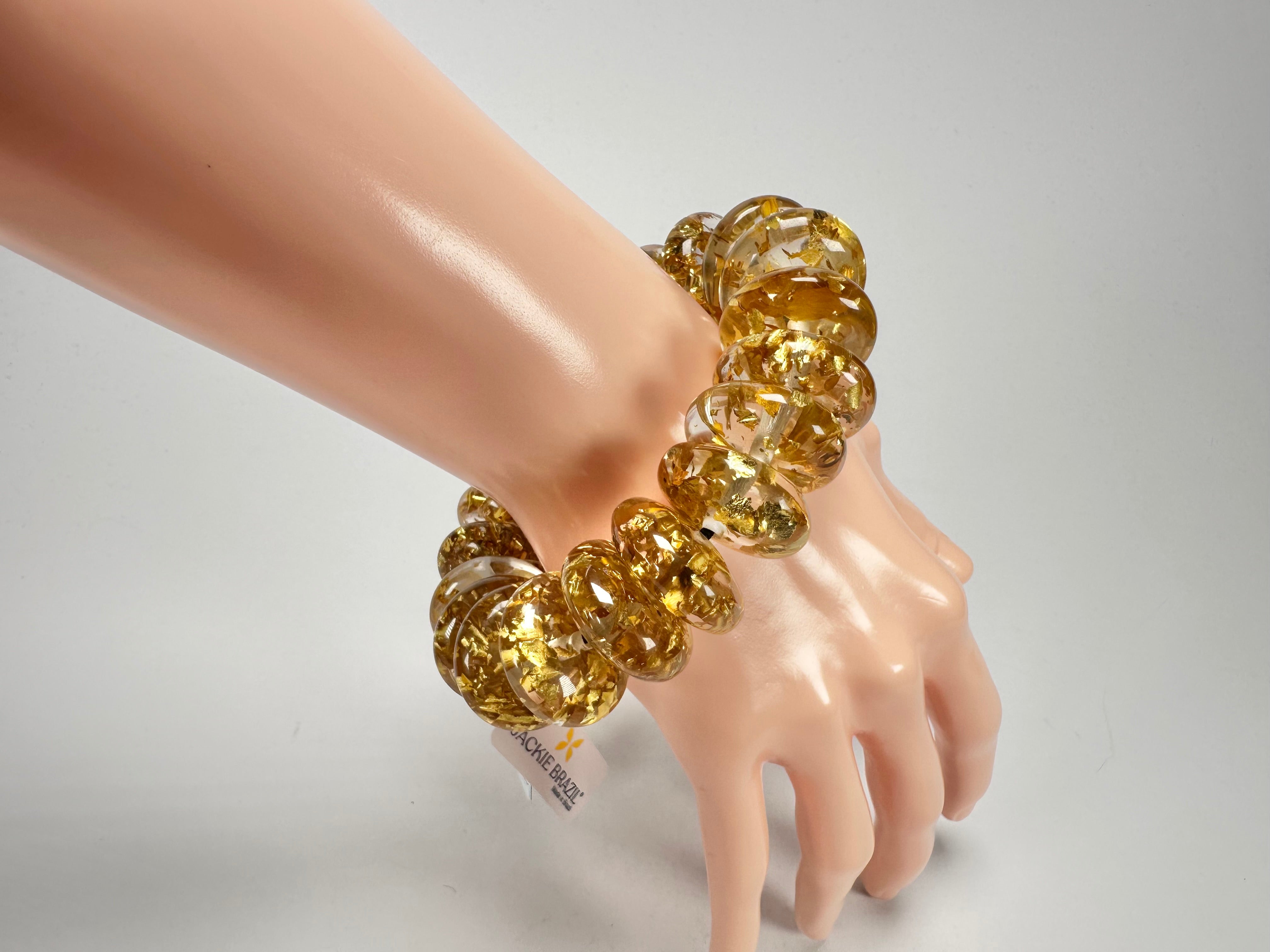 Jackie Brazil "Ana" Gold Flakes Elasticated Wheels Resin Bracelet ( B0910 )