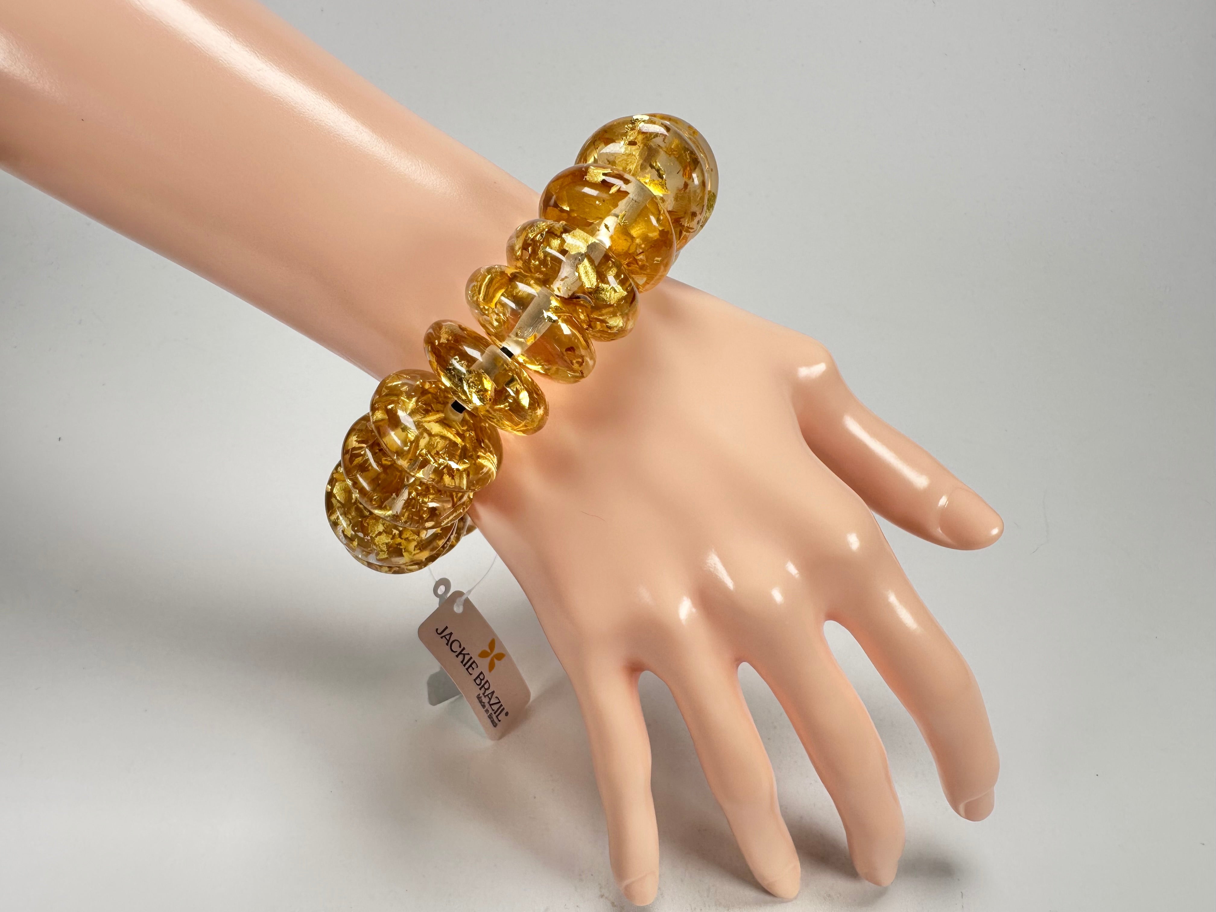 Jackie Brazil "Ana" Gold Flakes Elasticated Wheels Resin Bracelet ( B0910 )