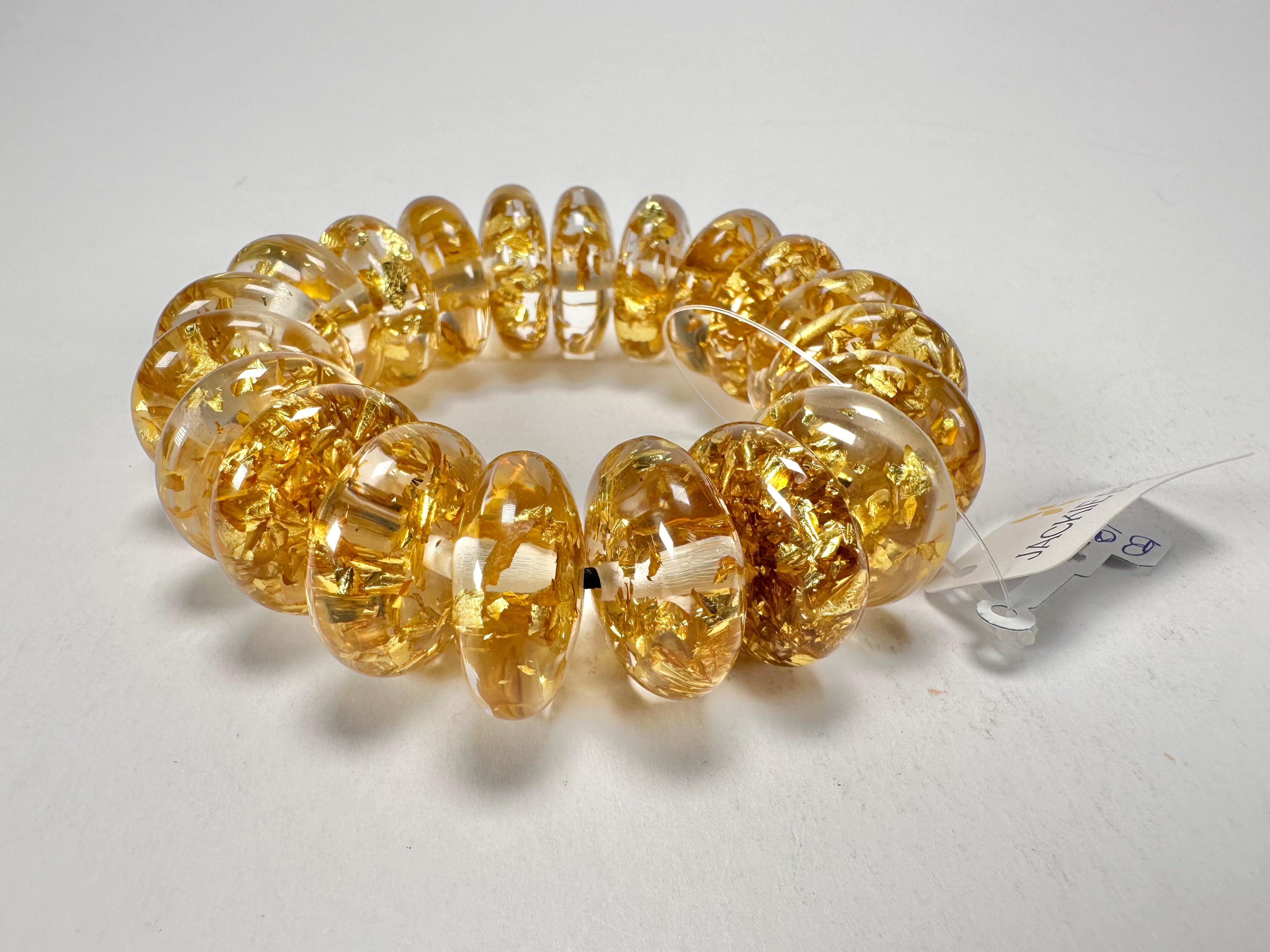 Jackie Brazil "Ana" Gold Flakes Elasticated Wheels Resin Bracelet ( B0910 )