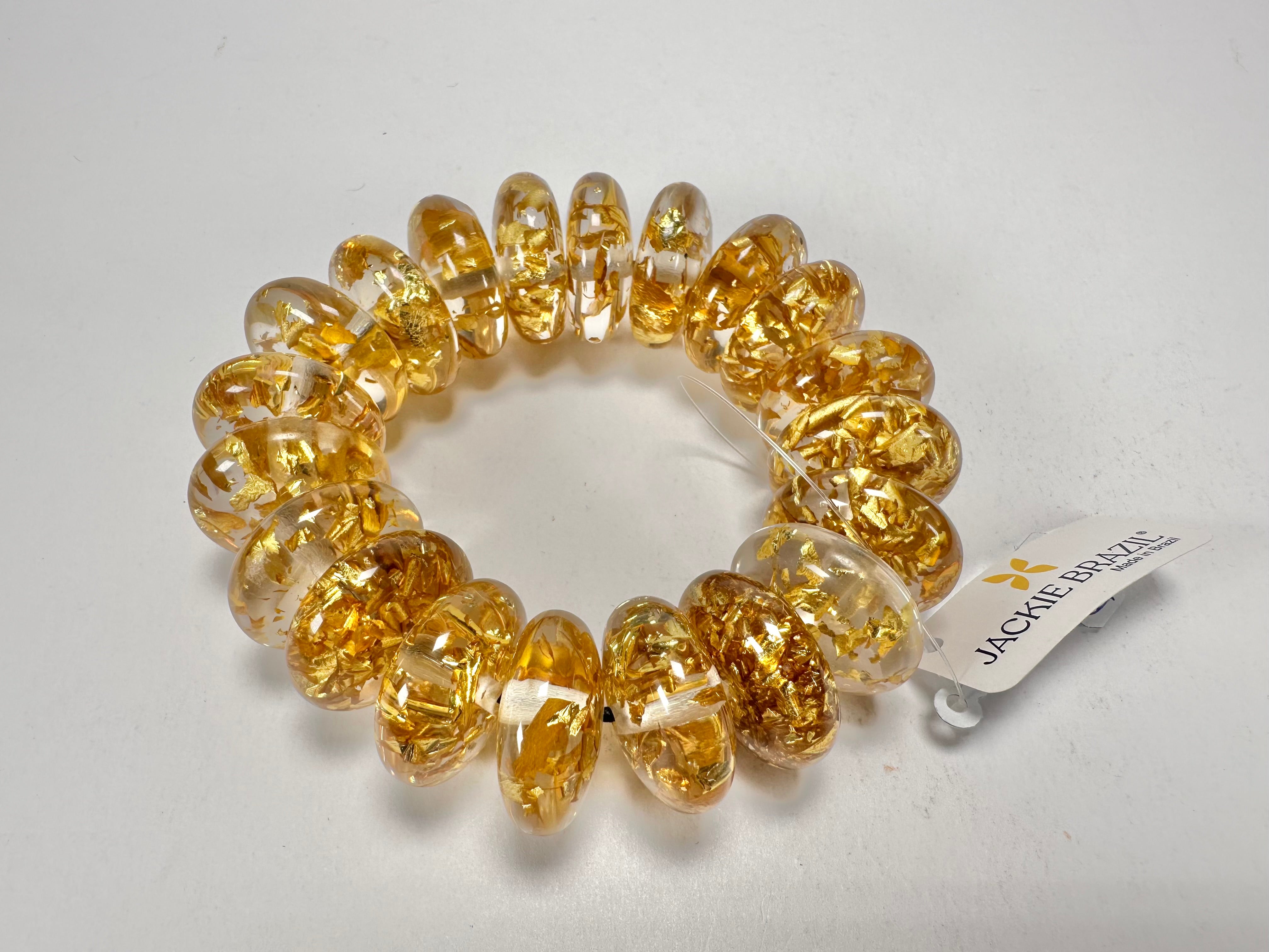 Jackie Brazil "Ana" Gold Flakes Elasticated Wheels Resin Bracelet ( B0910 )