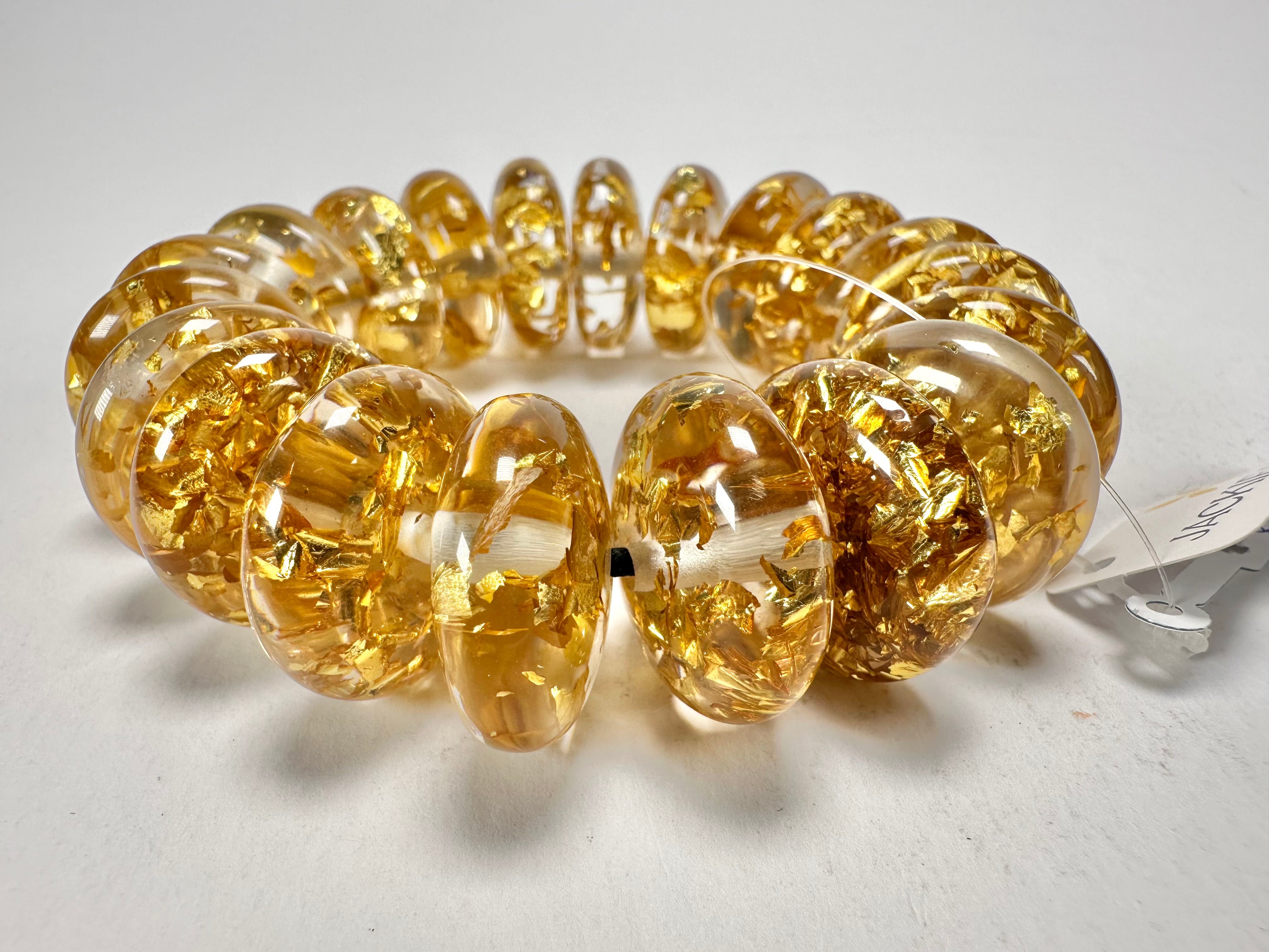 Jackie Brazil "Ana" Gold Flakes Elasticated Wheels Resin Bracelet ( B0910 )